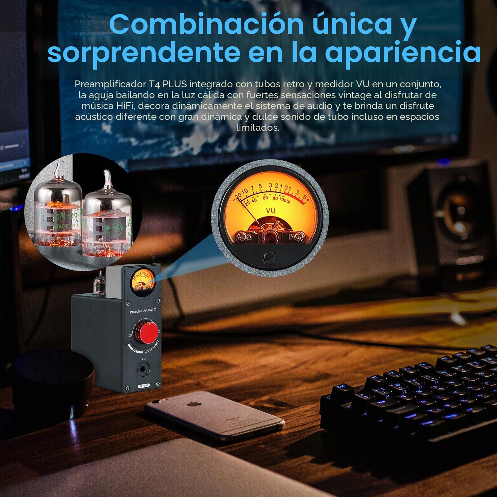 Nobsound Douk Audio JAN5654 T4 Plus HiFi Tubo de válvula preamplificador Phono MM/MC para Platino Giratorio, Mini preamplificador estéreo Auriculares Amplificador con medidor de Vista