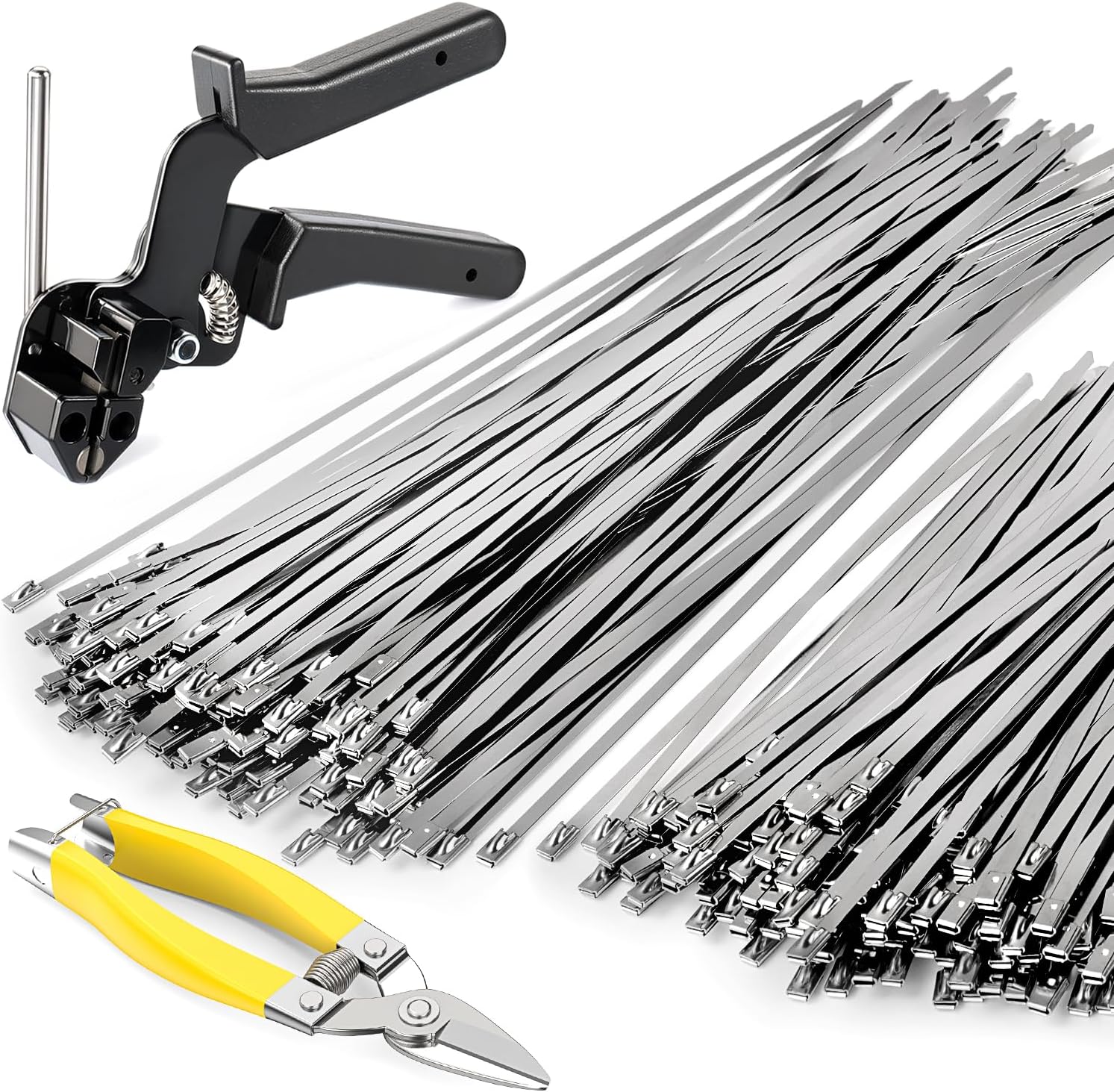 Stainless Steel Cable Tie Gun Kit with 200 Metal Zip Ties (2 Sizes) and Tensioning & Cutting Tool, for Garden & Farm Fencing, Chicken Coop and Yard Privacy Fence Reinforcement or Repair