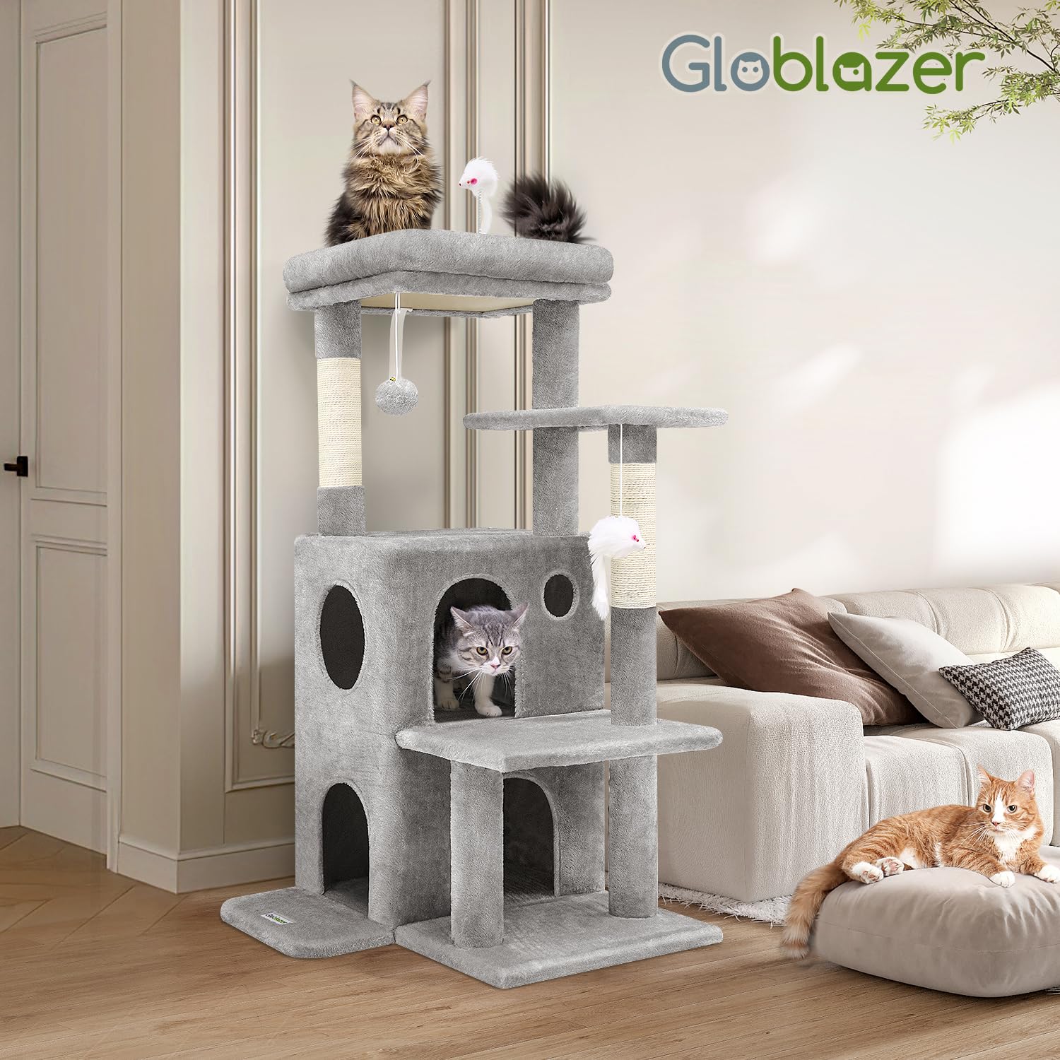 Globlazer Tiragraffi per Gatti Stabile con Grandi Base Grotta Imbottiti Piattaforma Peluche Giocattoli, Albero Tiragraffi Alto 127 cm per Grandi Gatti Anziani Riposare Giocare (FC50, Grigio Chiaro)