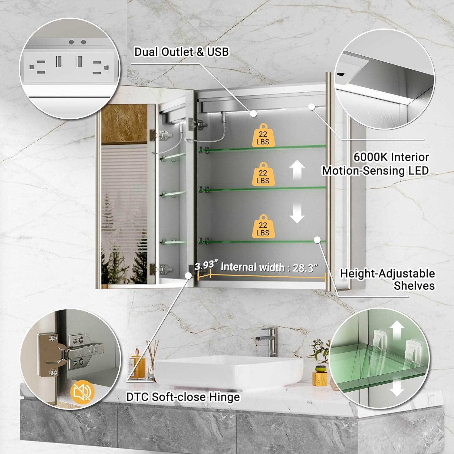 30x32 Lighted Medicine Cabinet with Mirror, Beveled Brushed Nickel Framed Surface or Recessed Fogless Dimmable LED Medicine Cabinet with Lights, Outlet, Time Display and Sensor Inner Light