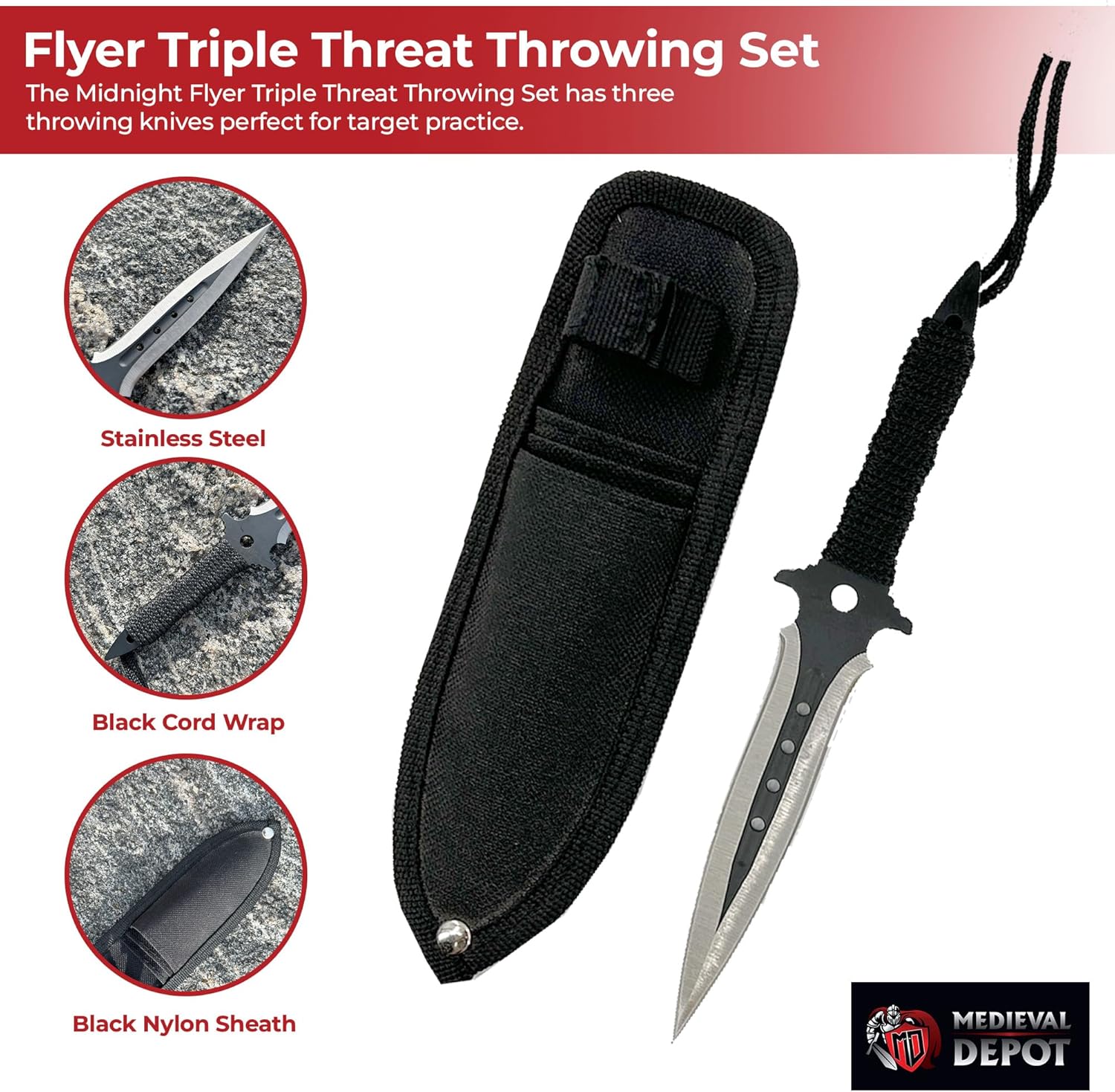 MedievalDepot Midnight Flyer Triple Threat Throwing Knives - Balanced 7.5" Stainless Steel Blades With Nylon Sheath & Belt Loop
