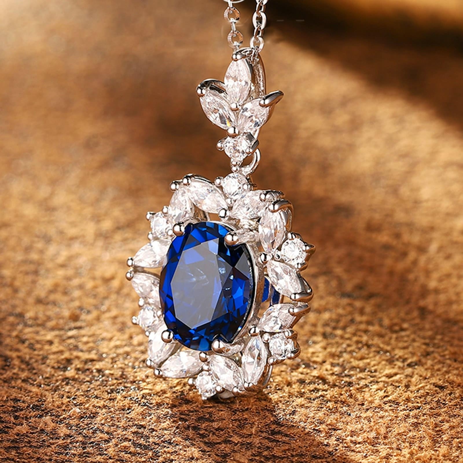 Epinki 9K/14K/18K białe złoto damski łańcuszek prawdziwa biżuteria, wisiorek kwiatowy, naszyjnik damski, naszyjnik laboratoryjny, szafir, 3,7 ct (szlif owalny, niebieski), złoty naszyjnik damski