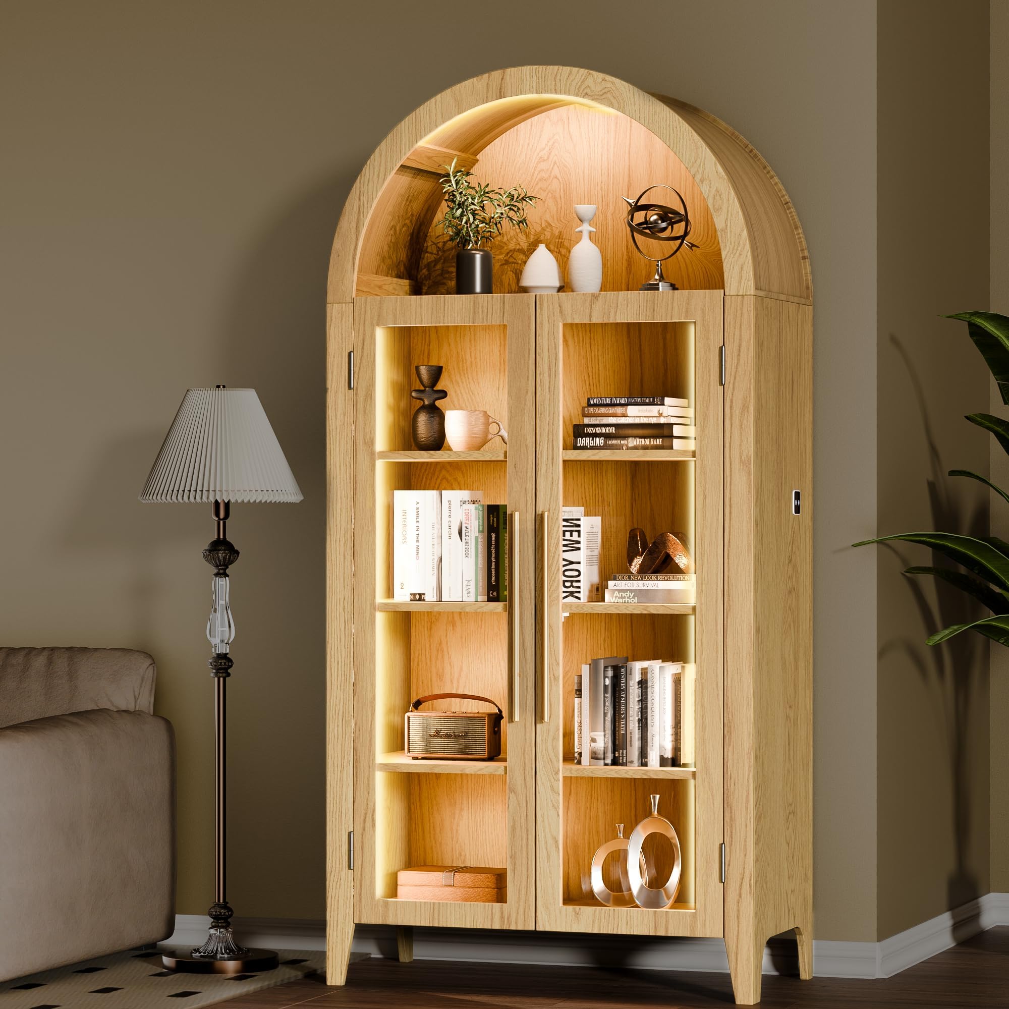 Arch Storage Cabinet with Tempered Glass Door, 71” Arched Display Floor Cabinet, 5 Tier Farmhouse Buffet with Storage for Dining Room, Living Room, Home Office or Kitchen (Oak)