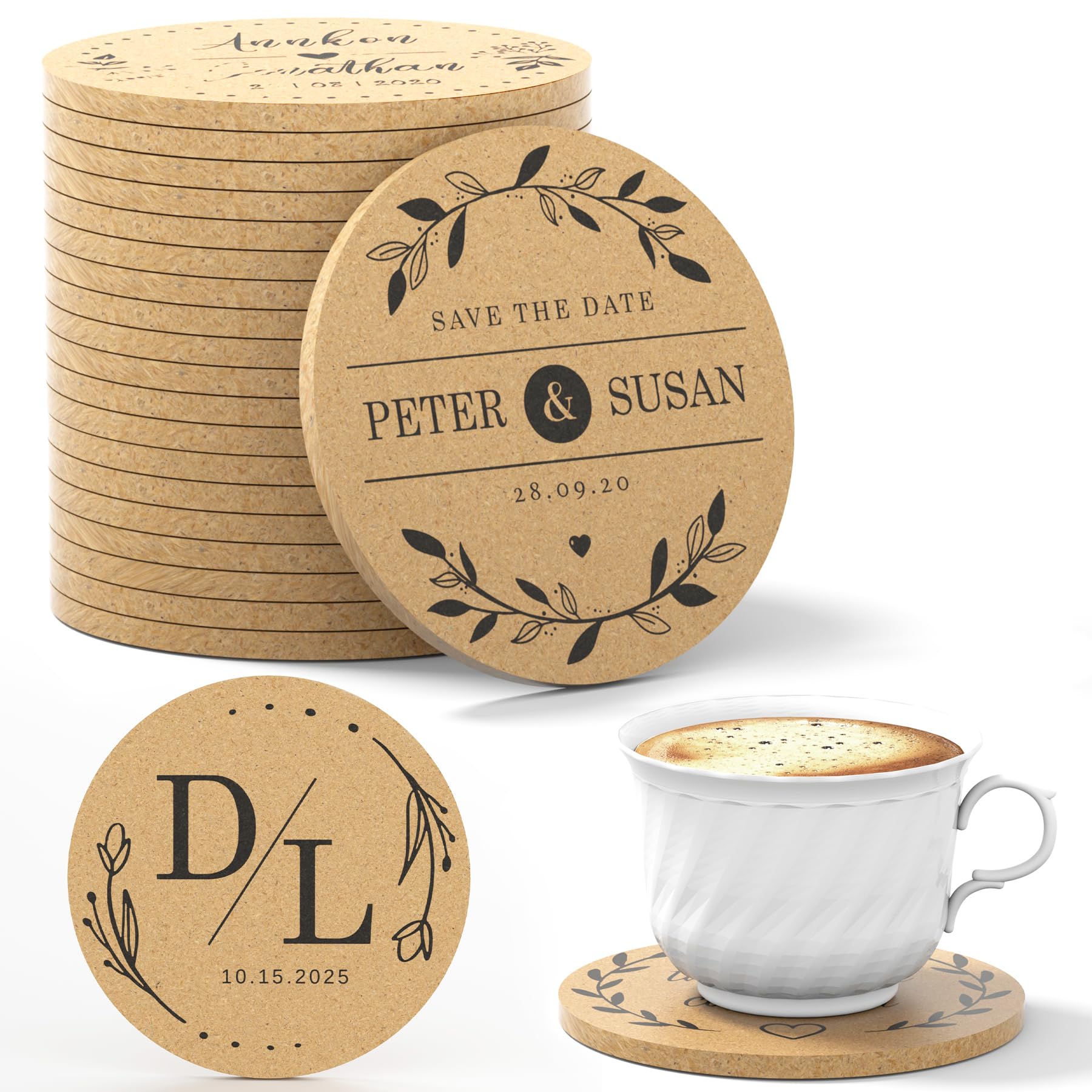 30-100 Pcs Custom Cork Coasters for Drinks, Engraved with Your Text Logo or Photo, Non-Slip, Heat-Resistant, Absorbent and Reusable Coffee Coaster for