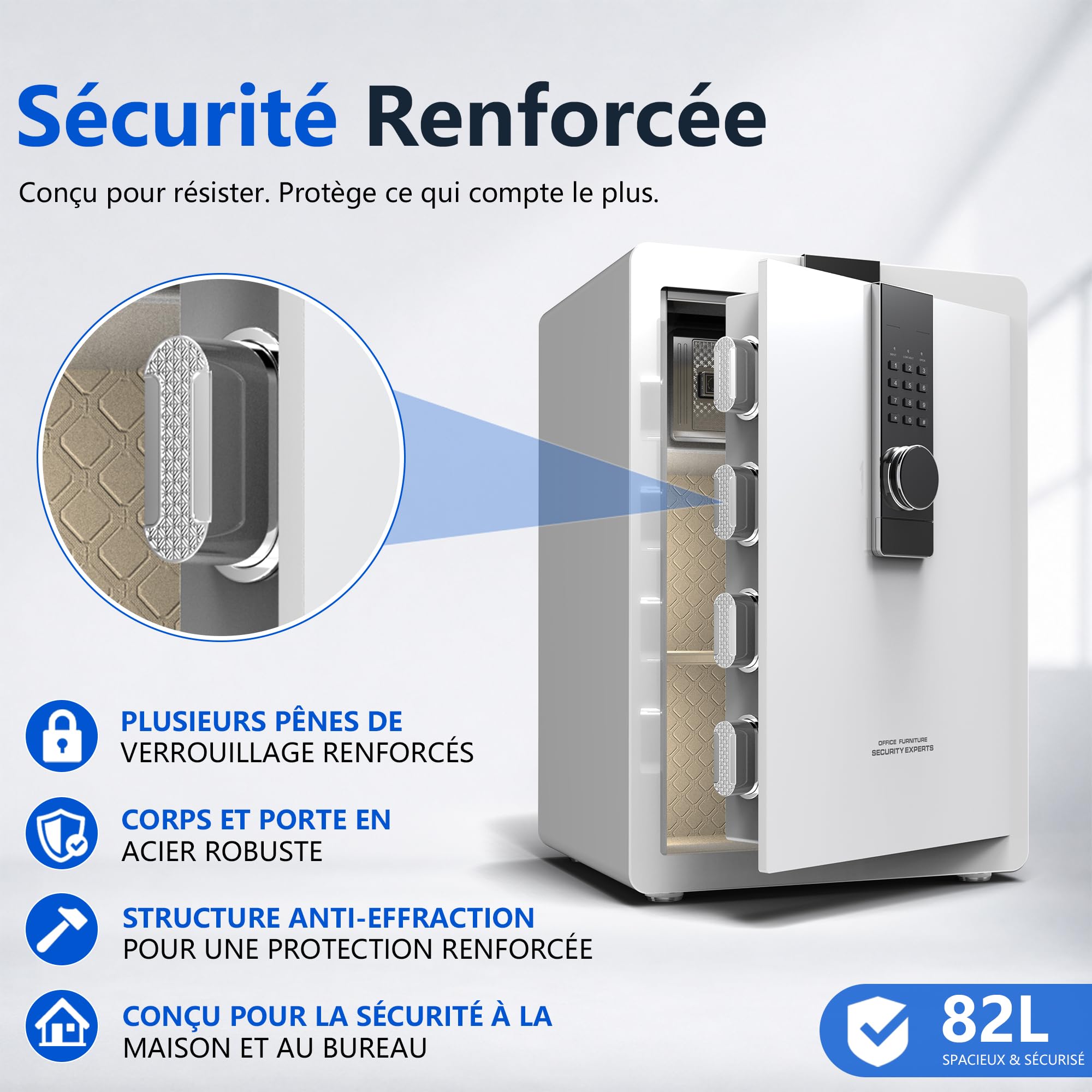 29KG Lourd Coffre Fort en Acier, 82L Coffre-fort Électronique avec Digitale Code et Clé, pour Maison et Bureau, Idéal pour Bijoux, Argent et Documents A4, Notice en Français (Blanc,82L)