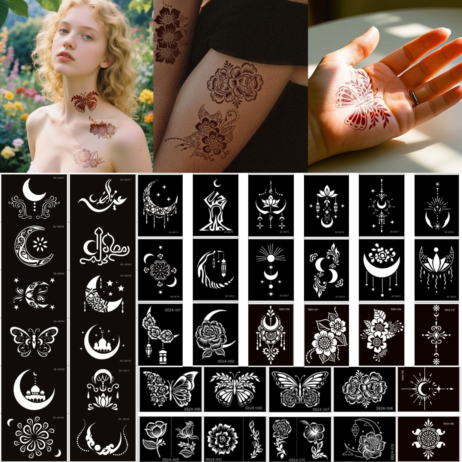 Temporary Tattoo Stencils Kit, 40 Sheets Henna Adhesive Body Art Stencils for Women Man Face Body Paint DIY Art Reusable Glitter Tattoo Stencils Pack 003-Tattoos Stencil