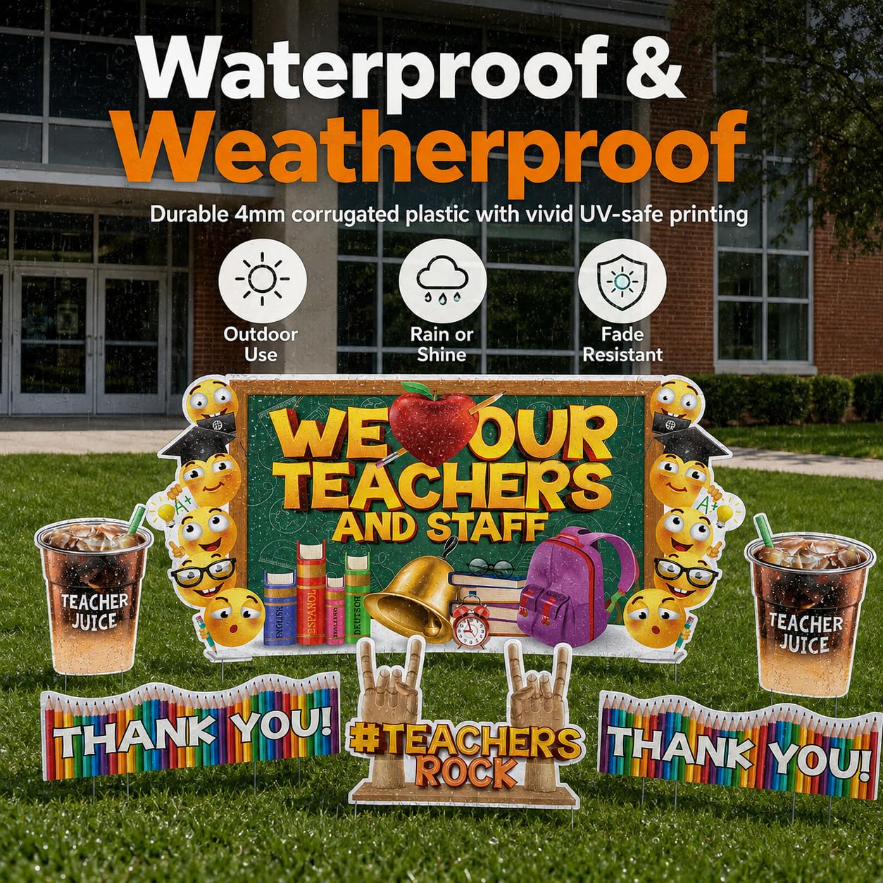 VictoryStore Lot de 6 cartes de remerciement géantes « We Love Our Teachers and Staff » - Imperméables - Avec piquets inclus