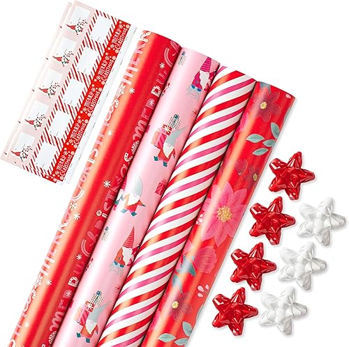 American Greetings Juego de papel de regalo de Navidad rosa de 120 pies cuadrados, rojo y rosa (4 rollos de 30 pulgadas x 12 pies, 7 lazos, 30
