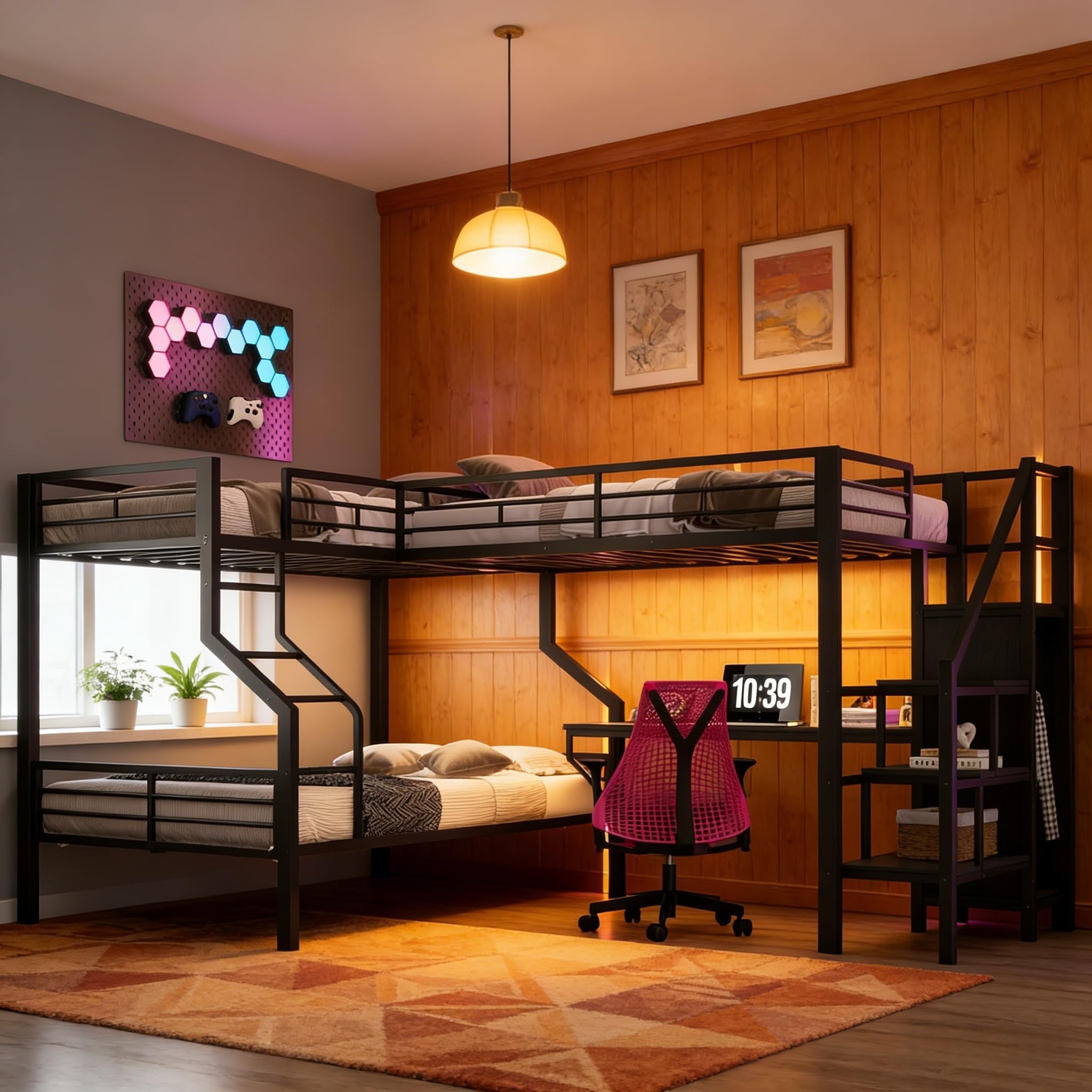 SOFTSEA L-Shaped Triple Bunk Bed with Stairs, Twin Over Full Bunk Bed with Desk, USB Ports, Wardrobe, Heavy-Duty Metal Corner Bunk Beds for Kids Teens Adults, Black