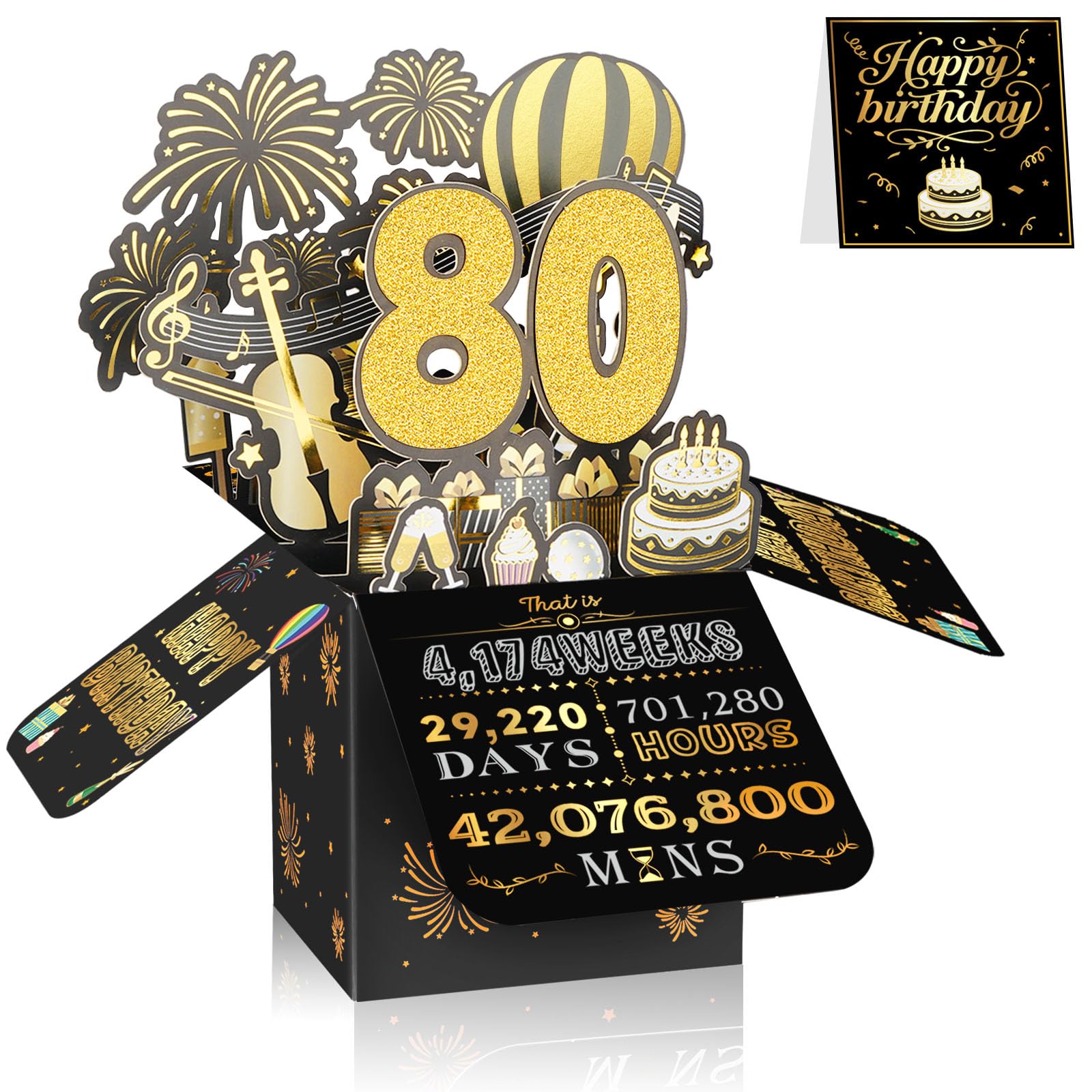 80th Birthday Card for Men & Women, 3D Pop Up Birthday Greeting Card, Black & Gold 80 years old Birthday Decorations & Gifts for Him or Her, Ideal for Father, Mother, Sister, and Special Cousin