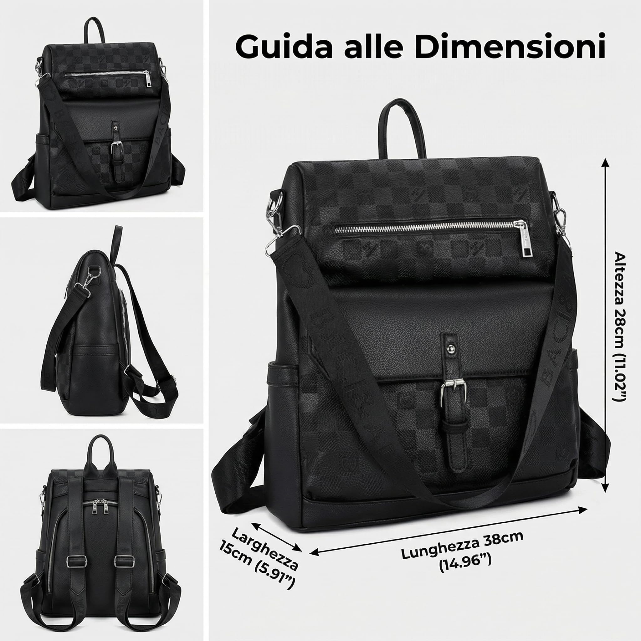 Zaino Donna Grande Capacità in Pelle PU Martellata con Motivo a Scacchi, Borsa Zainetto Multifunzionale con Tracolla Rimovibile, Zaino Moda per Università e City Walk,Nero