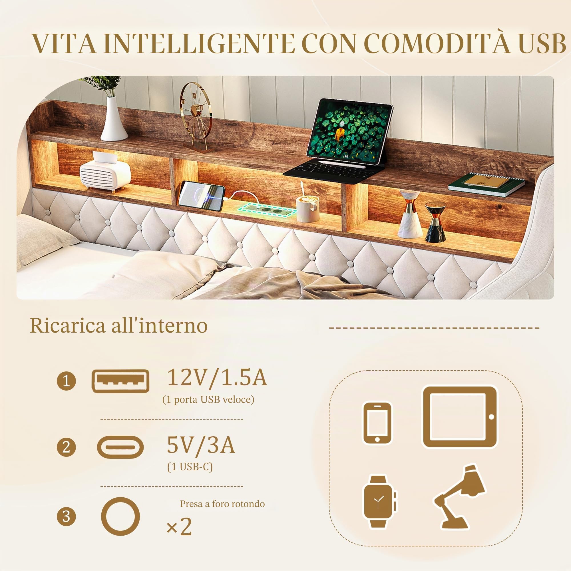Divano Letto 90x190cm in Velluto con Luce LED e Porta USB-C, Testiera Contenitore, Letto Imbottito Matrimoniale con Reti a doghe, Struttura in Metallo e Legno, Sofa Bed Beige