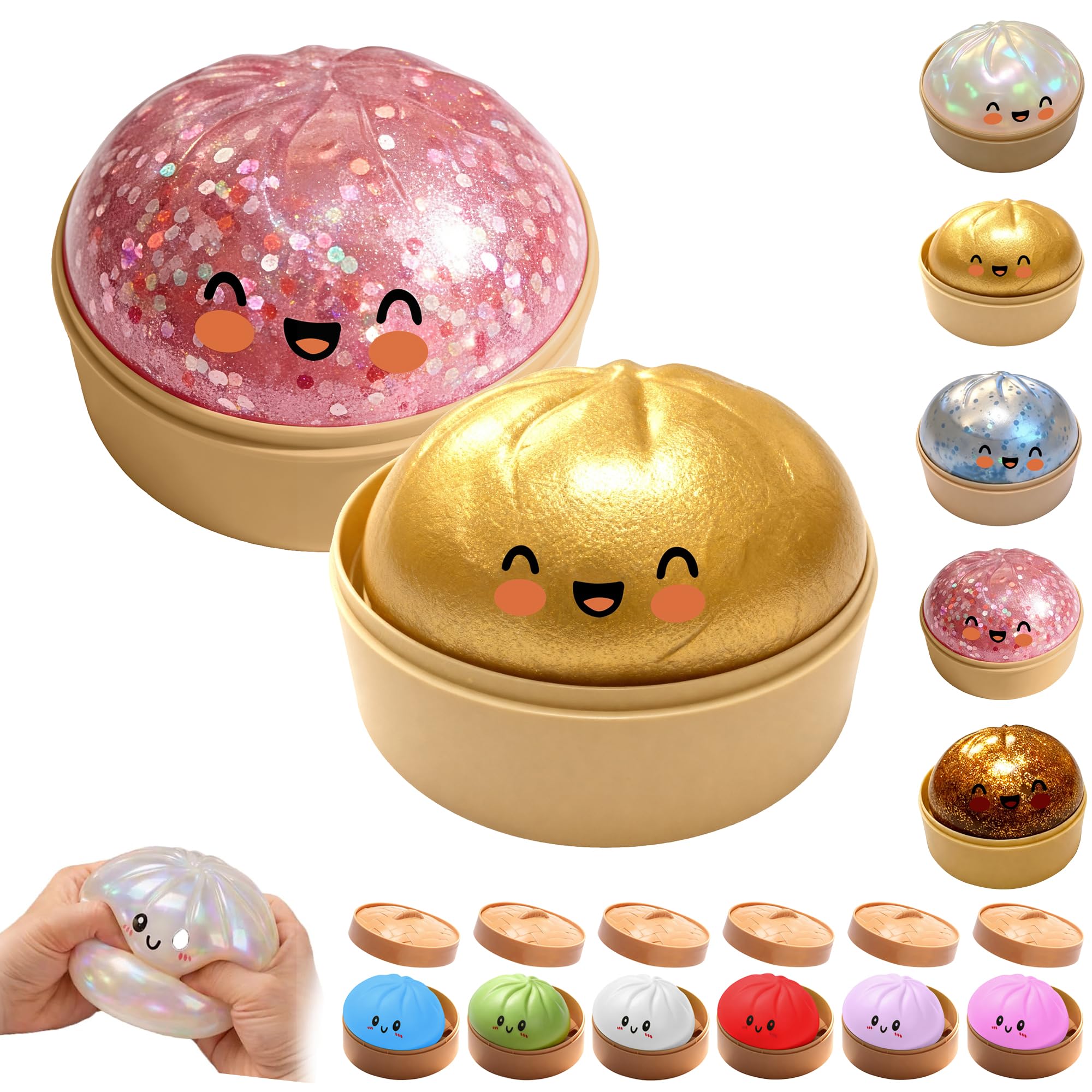 OKESYO Dumpling Squishy, 2Pcs Giant Squishy Dumpling Toy with Steamer Box, Mystery Rainbow Dumplings, Glitter Dumplings Stress Ball, Anxiety Relief Squeeze Fidget Toys Adults