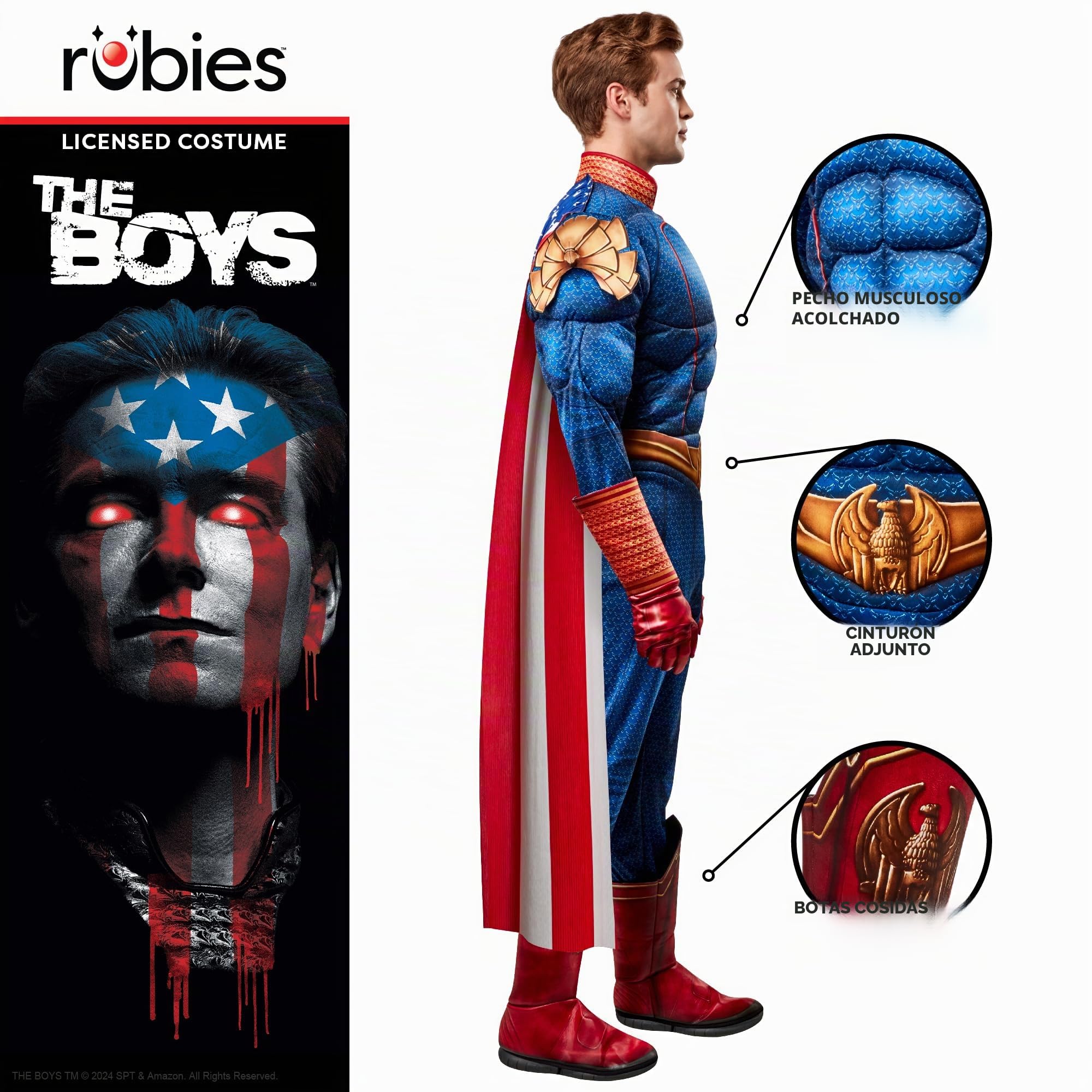 Rubies Disfraz Patriota Deluxe para adulto, Jumpsuit con pecho musculoso, capa y guantes, Oficial The Boys Homelander para Carnaval, Halloween, Navidad y Fiestas