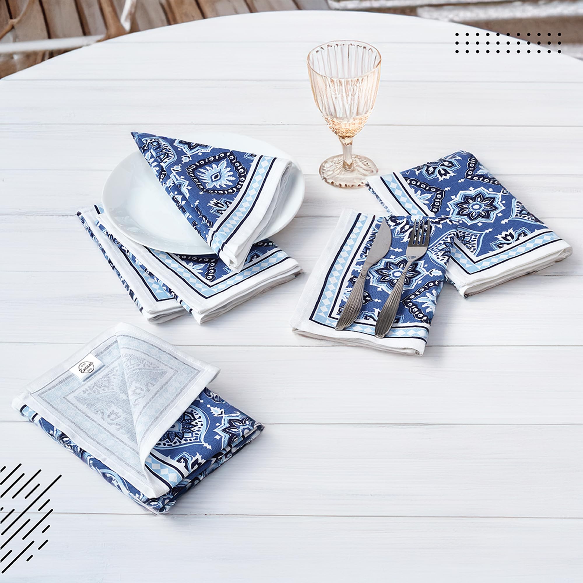 Encasa XO Tovaglioli da Tavola Set di 6 | Tovaglioli in Tela di Cotone con Stampa a Blocco Indaco-03, 45x45 cm | Stampa a Mano Jaipur Sanganeri