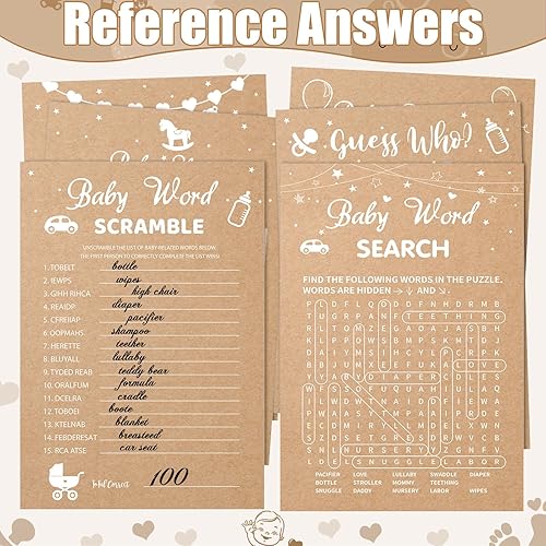 Vista 7 de Sherr 476 piezas Kit de juegos para baby shower de papel kraft 6 conjuntos de actividades Tarjetas de juego de búsqueda de chupetes Juego 50