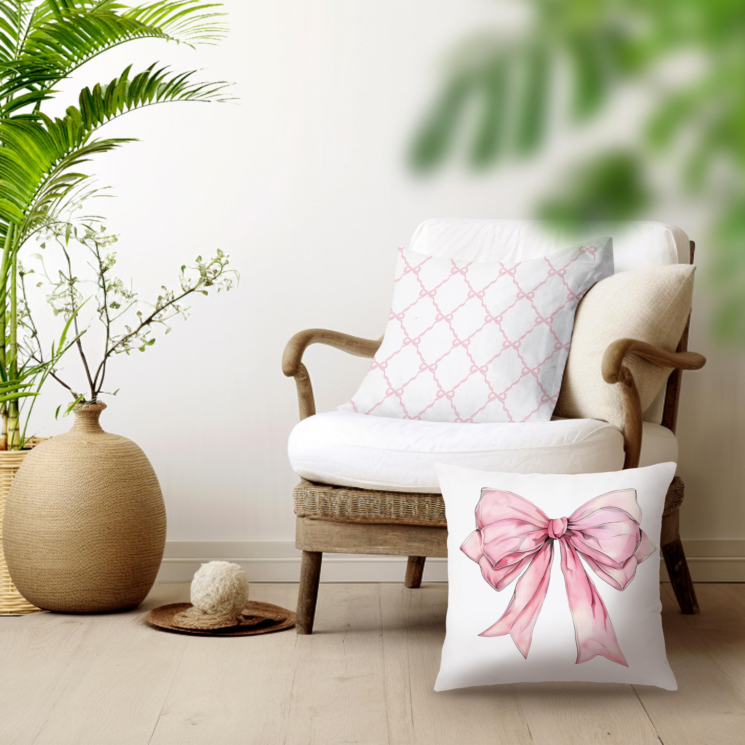 Bow Pillow Covers Set Of 4 - Pink Faux Fur Plush Covers With 3D Bow, 18x18 Inch, Coquette Aesthetic Decor For Couch, Sofa, Bed
