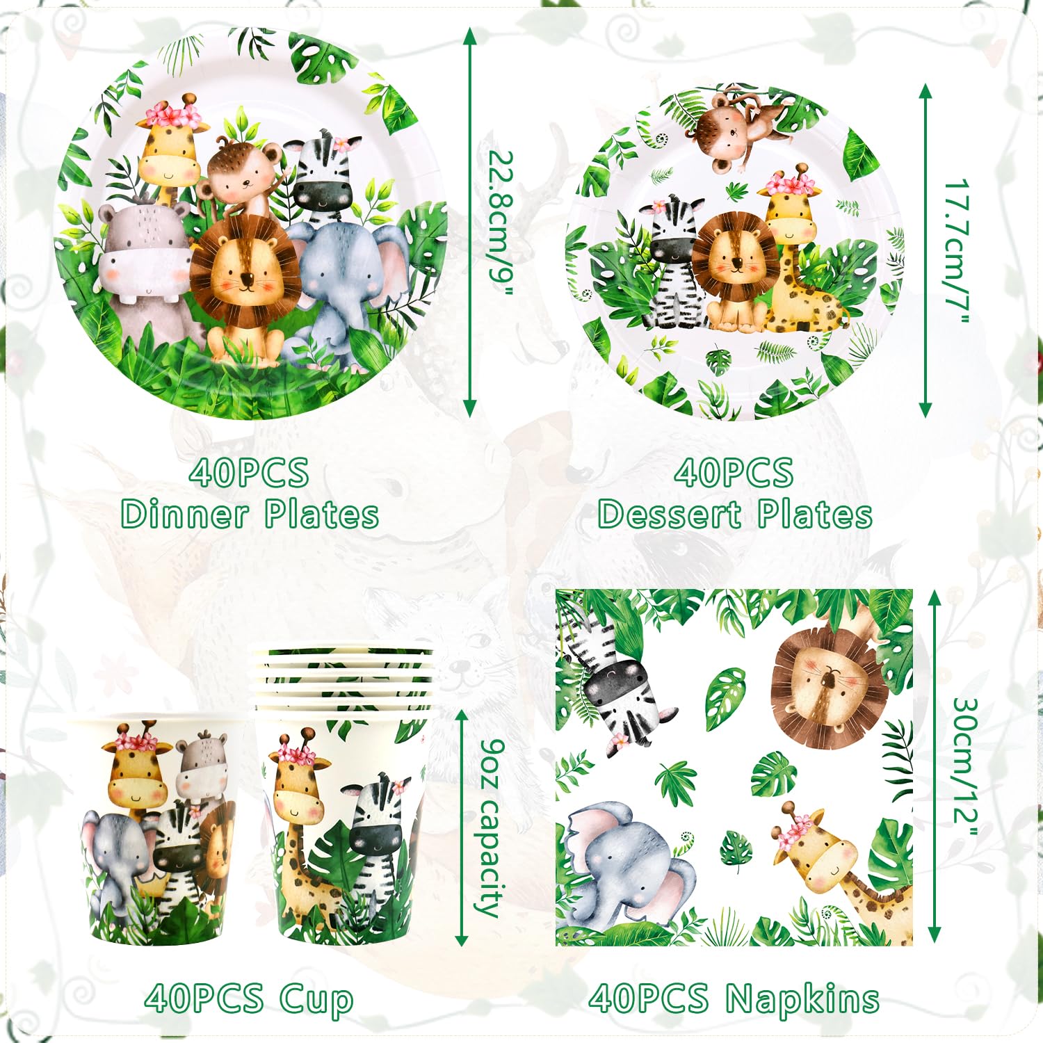 Safari Jungle Birthday Tableware Set - Decorazioni per il primo compleanno degli animali selvatici - 40 piatti piani, 40 bicchieri, 40 tovaglioli