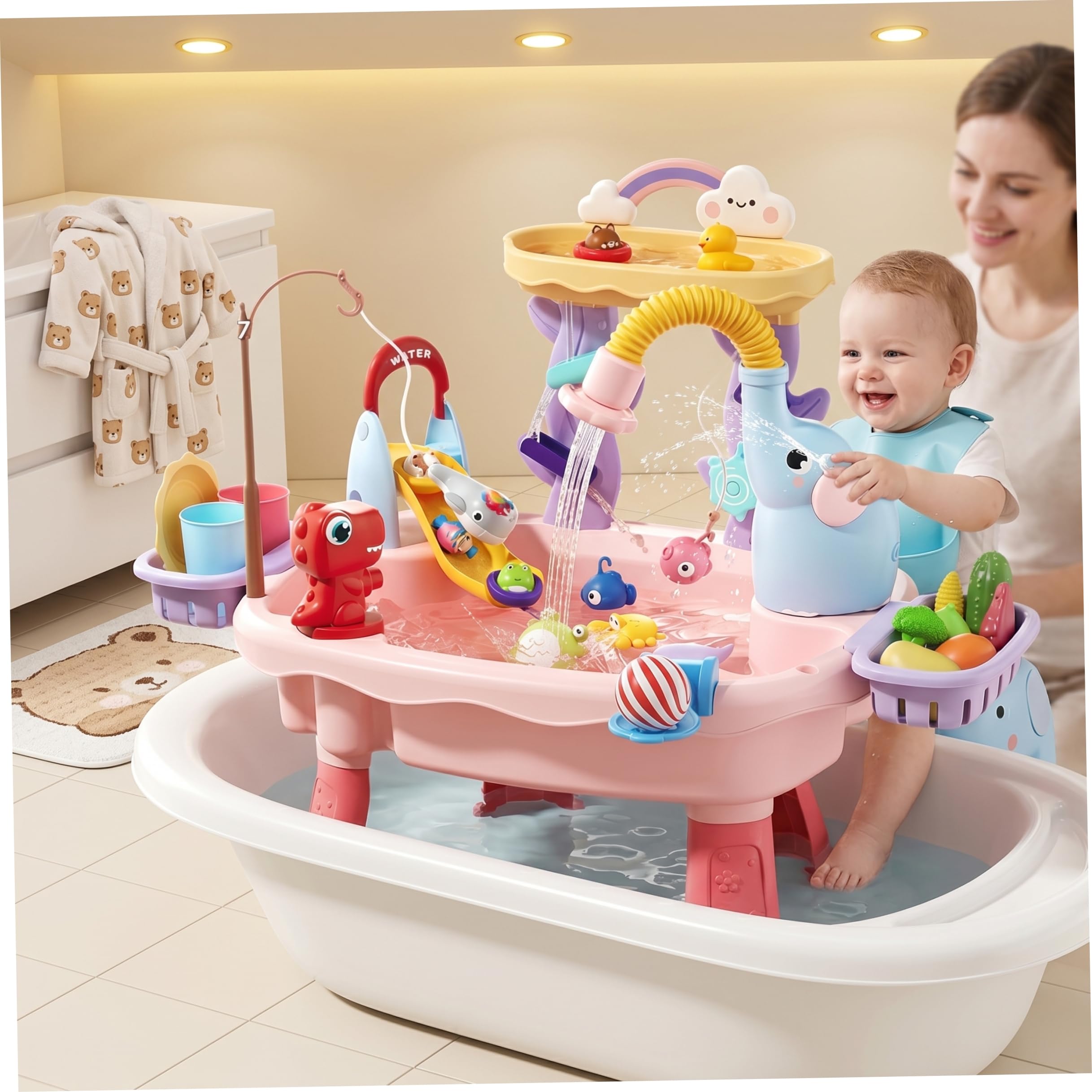 Wassertisch für Kinder, Wasserspieltisch für Kleinkinder, doppelschichtiges 6-in-1-Sandspielzeug mit Umlaufsystem, Rutsche und Angelspiele |.Sensorische Spielzeuge und Spiele für Kinder