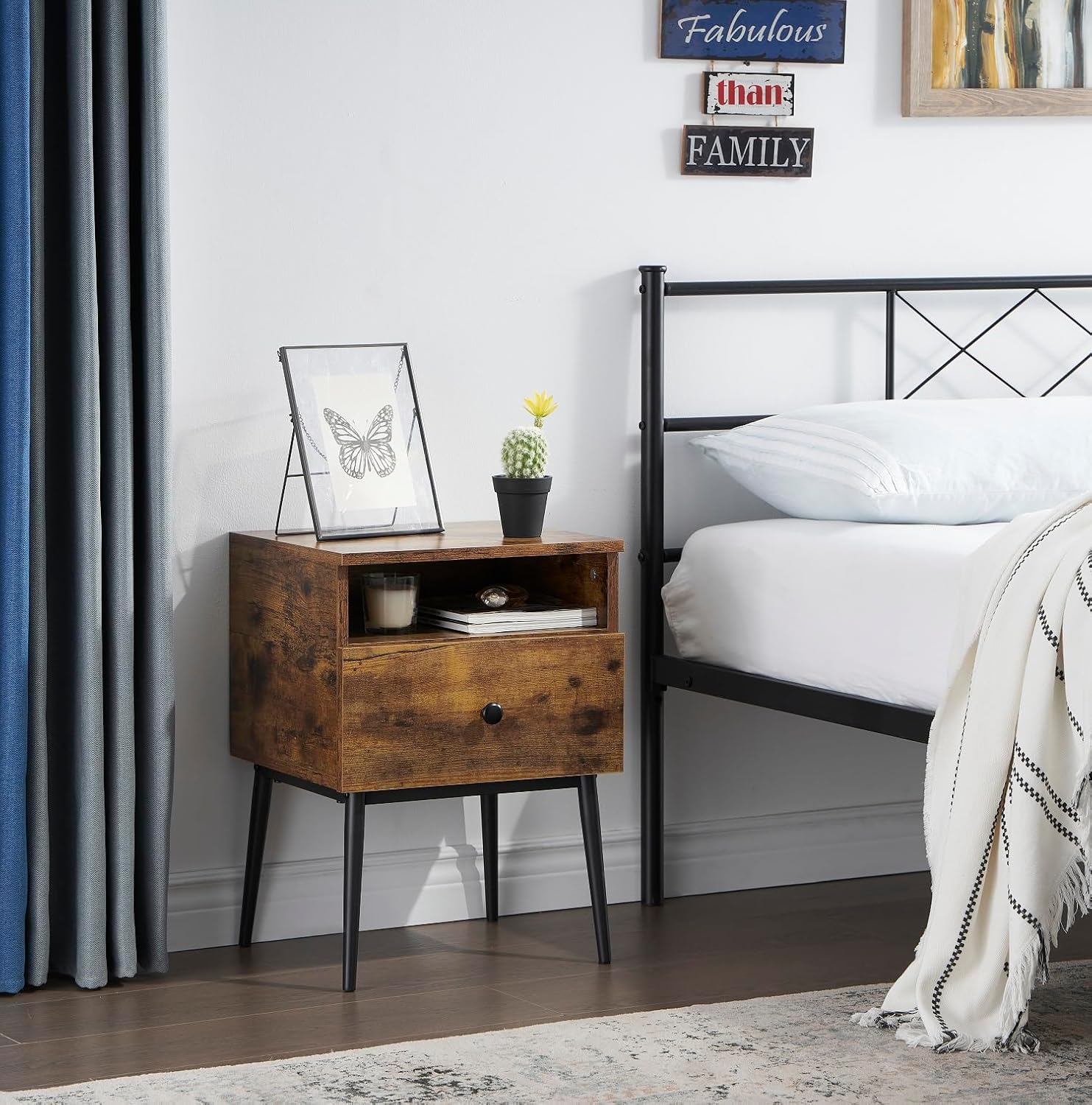 VECELO Nightstands Set of 2,Industrial 2-Tier Night Stand with Drawer, Wood Mid Century Bedside End Tables,Side Tables for Small Places Bedroom and Living Room,Antique Brown(2 Pack)