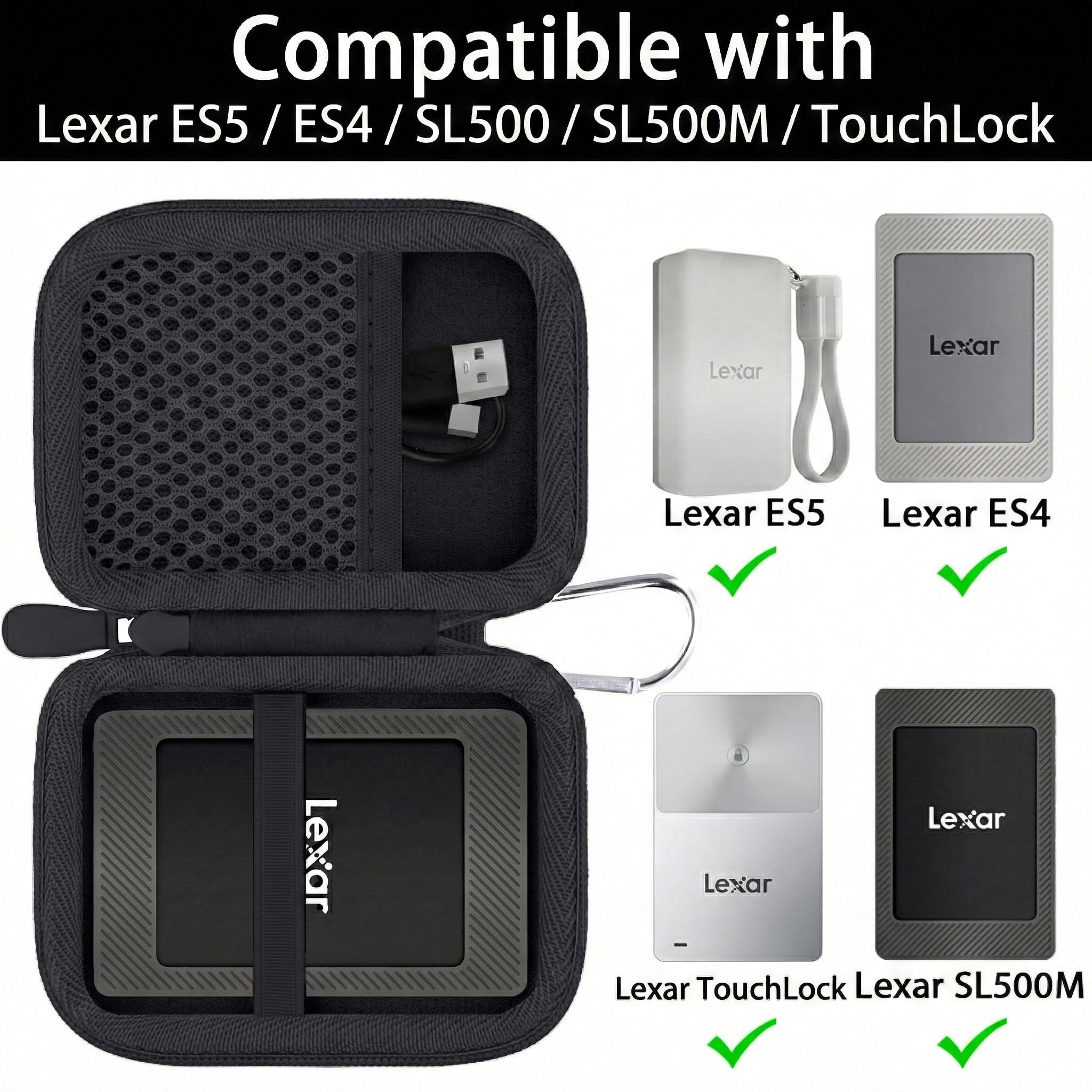 khanka Custodia per SSD Lexar TouchLock ES5/ES4/SL500/SL500M,Nero | Compatibile con SSD Lexar TouchLock ES5/ES4/SL500/SL500M 1TB/2TB/4TB, Rivestimento in Velluto,Custodia Rigida,Solo Custodia