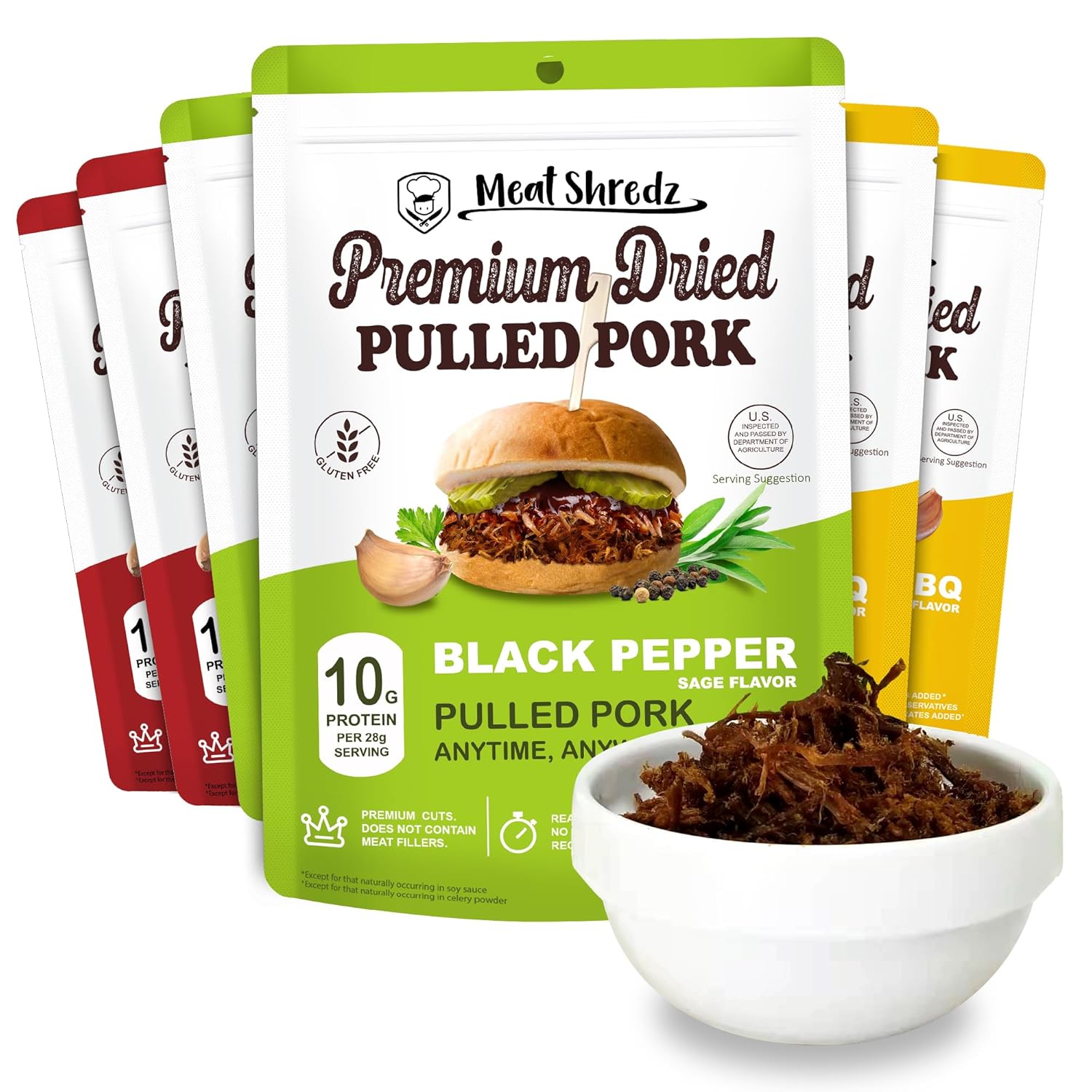 Meat Shredz - Premium Dried Pulled Pork (Variety, 6 Pack) | Gluten Free | High Protein & Low Sugar | Bacon Bits | Dehydrated Backpacking & Camping Food | Shredded, Dried Jerky Chew Snack