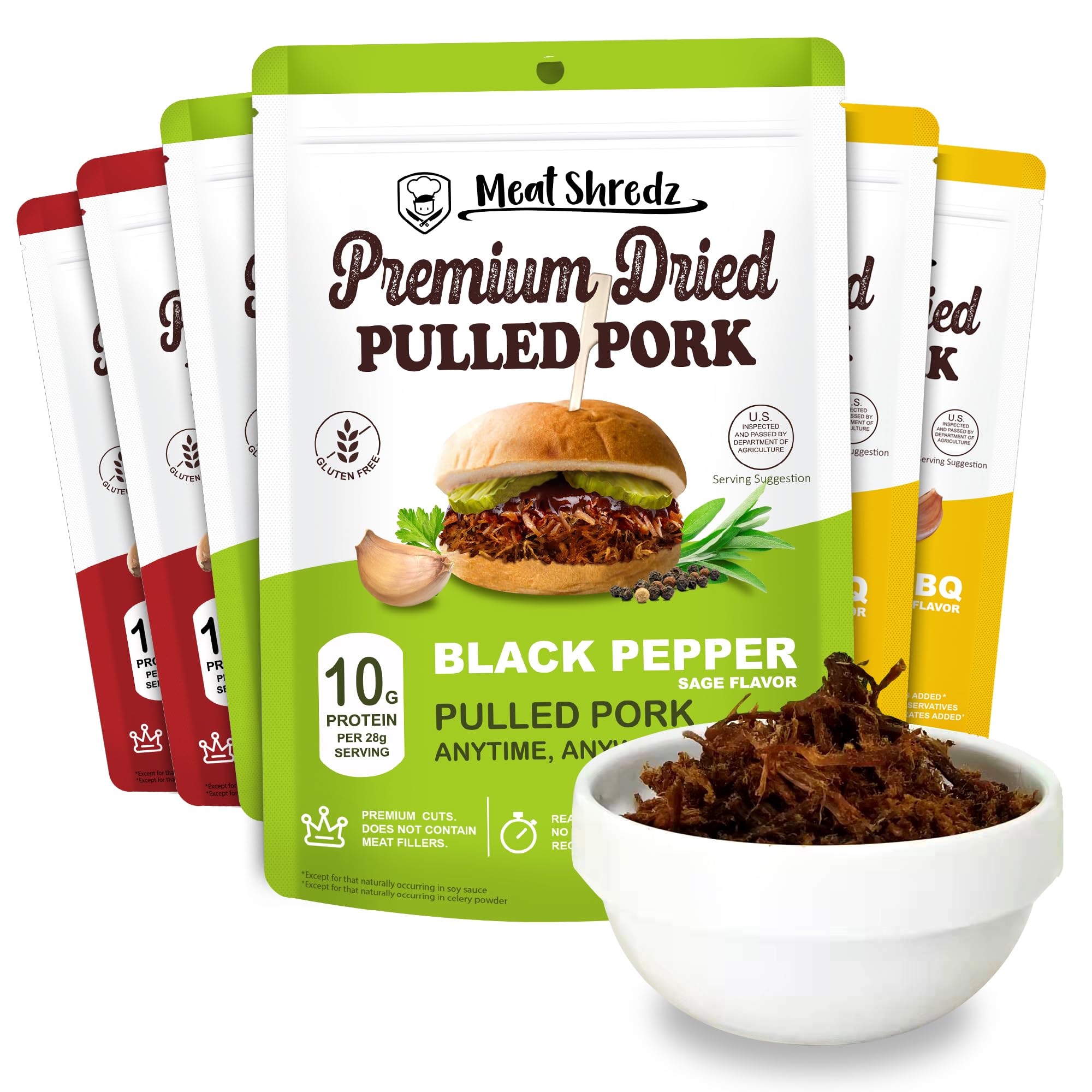 Meat Shredz - Premium Dried Pulled Pork (Variety, 6 Pack) | Gluten Free | High Protein & Low Sugar | Bacon Bits | Dehydrated Backpacking & Camping Food | Shredded, Dried Jerky Chew Snack