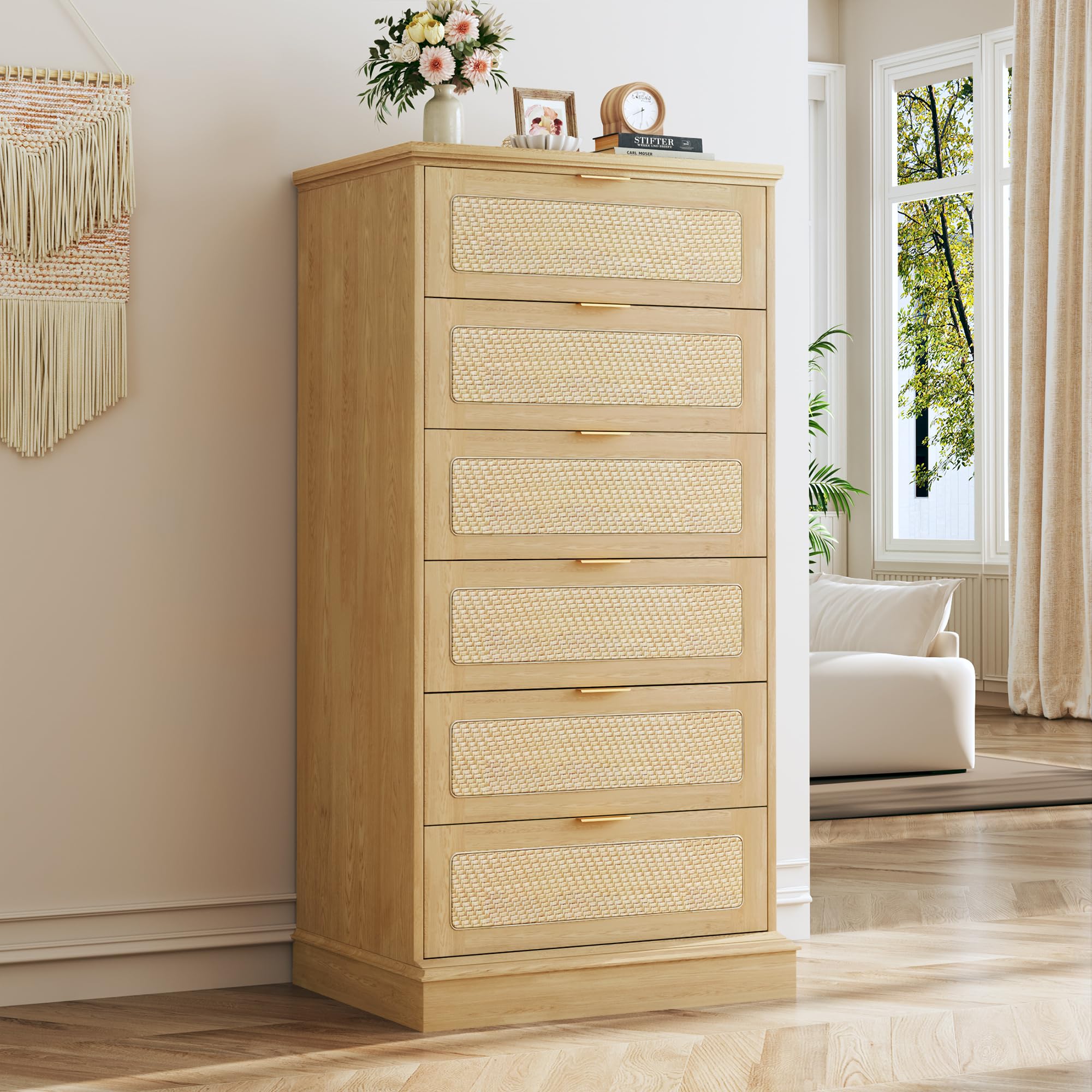 Amazon.com: HUAHUU 6 Drawer Dresser for Bedroom, 50 Inch Tall Dressers &  Rattan Chest of Drawers, Boho Style, Wood Modern Dressers Organizer for  Bedroom, Living Room, Hallway, Entryway, Oak : Home & Kitchen