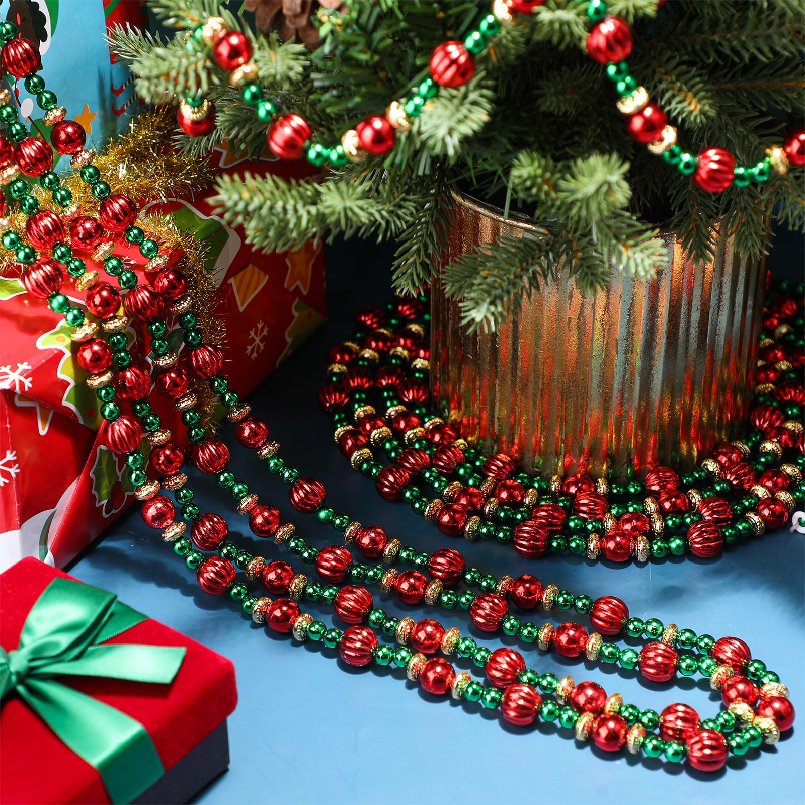 Geosar Lot de 4 guirlandes de perles torsadées pour sapin de Noël de 2,7 m - Rouge et vert - Pour fête de Noël, cheminée, couronne d'ornements