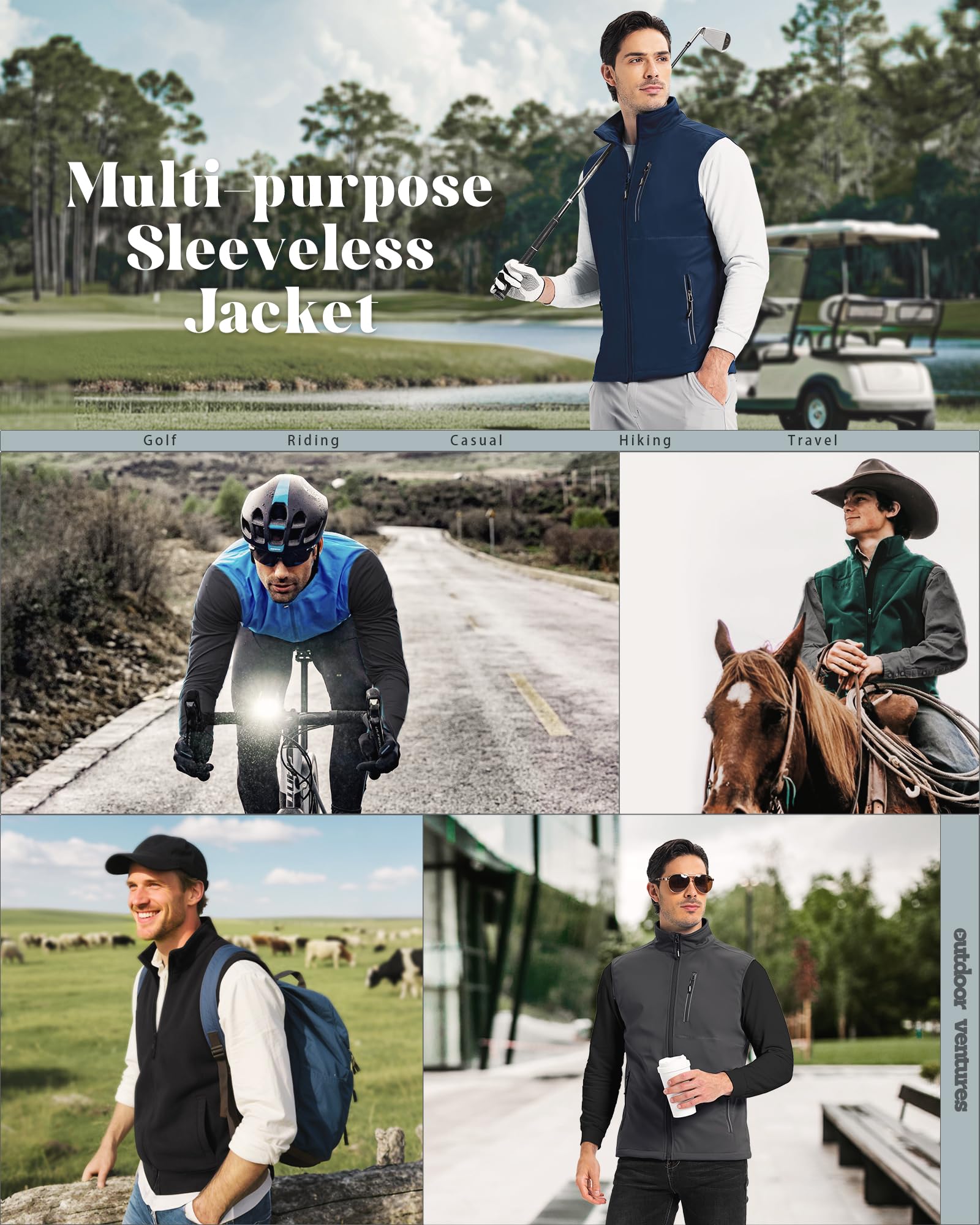 Outdoor Ventures Gilet coupe-vent Softshell léger sans manches pour homme, pour la course à pied, le golf, la randonnée, les voyages