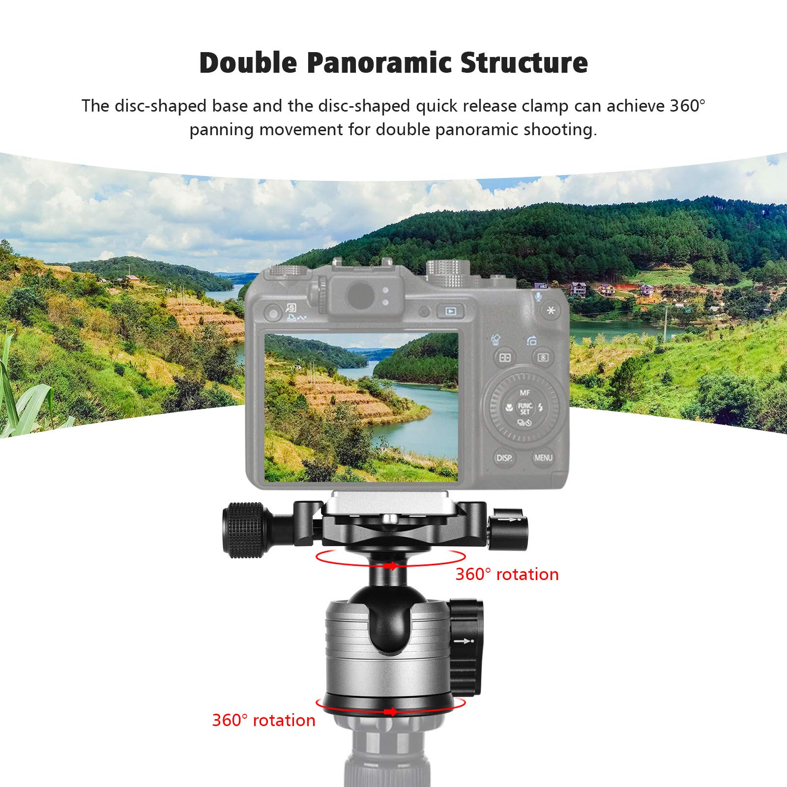 Podwójna panoramiczna głowica kulowa, stop aluminium CNC, niski środek ciężkości, konstrukcja z pojedynczym wycięciem U, płytka szybkiego uwalniania do aparatów DSLR i ILDC, statyw i monopod