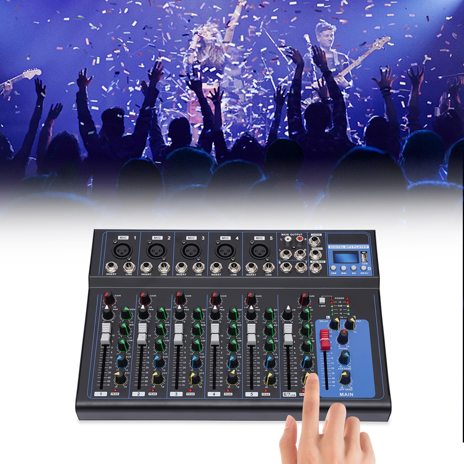 7-kanałowy mikser DJ, profesjonalny mikser audio, konsola USB, wzmacniacz, Live Studio, Bluetooth, do nagrywania scen DJ, karaoke, aplikacji muzycznych