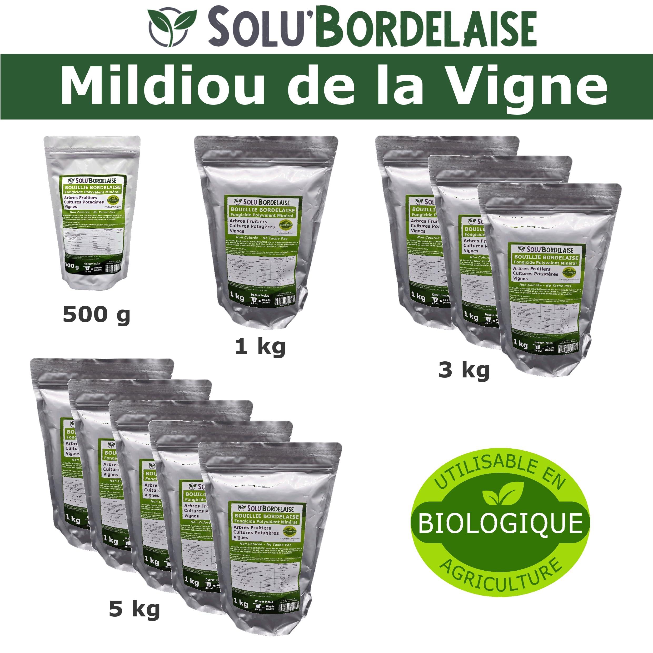 Solu'Bordelaise - 3 kg de Bouillie Bordelaise - Mildiou de la Vigne - Utilisable Agriculture Biologique - 3 Sachets Refermable de 1 kg