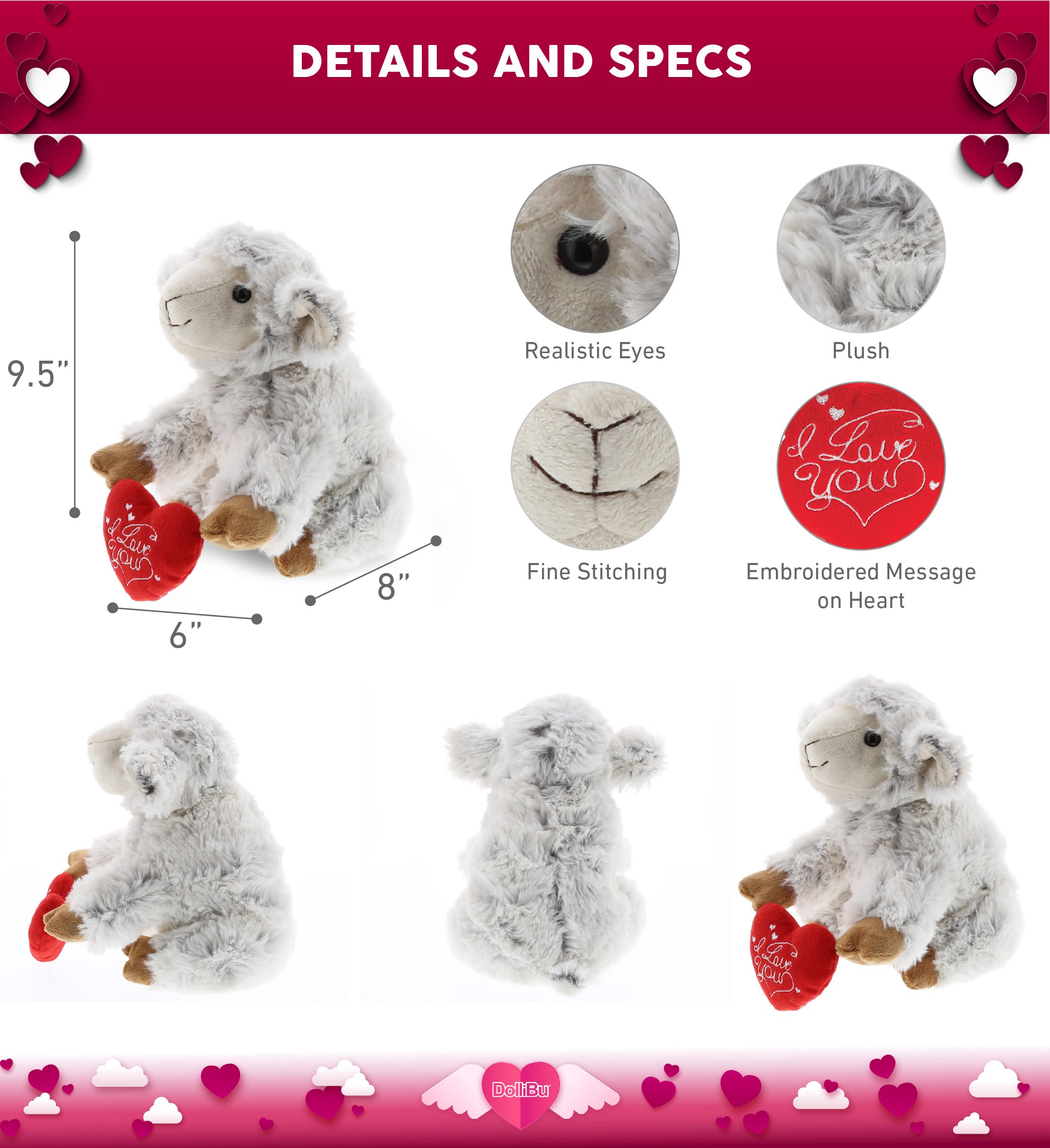 DolliBu I Love You Plush White Sheep - Personalized Valentine Stuffed Animal With Red Heart, 11.5 Inches