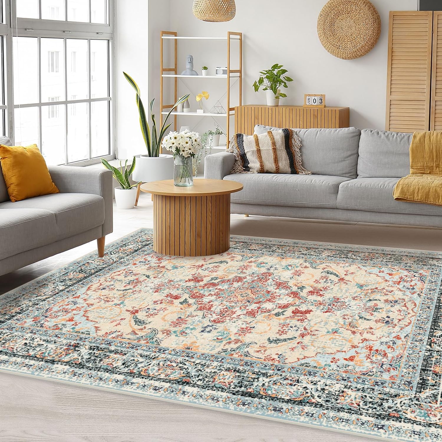Season wind 3x5 Washable Small Rugs for Bedroom Dining Room Blue Beige Orange Living Room Soft Carpet Non-Slip Non-Shedding for Farmhouse Indoor Multi Color 3'×5'