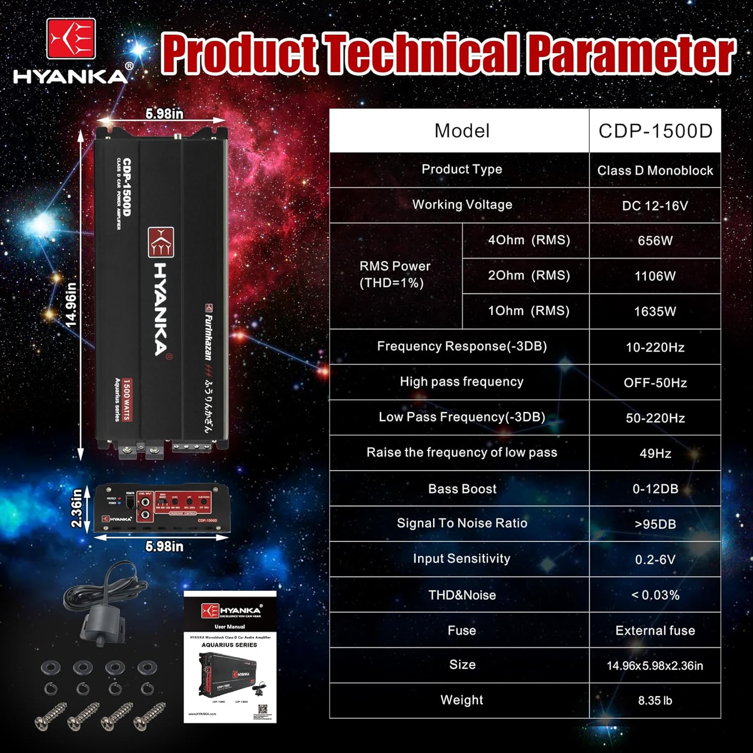 HYANKA CDP-1500D 1-Channel Class D Car Audio Subwoofer Amplifier with Bass Boost - 1500W RMS High Output, 1/2/4 Ohm Stable, Low（RCA） Level Inputs, MOSFET Power Supply Monoblock Car Amp with Remote
