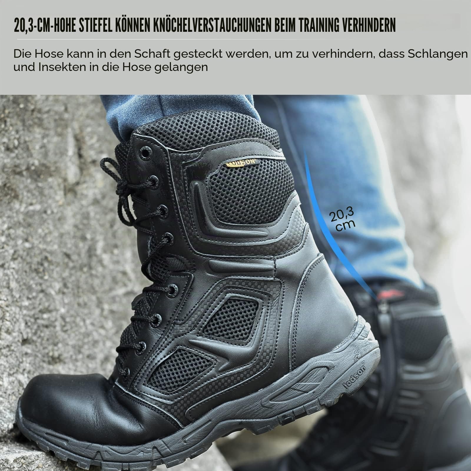 8'' Leicht Kampfstiefel schwarz，Springerstiefel motorradstiefel Einsatzstiefel Herren&Damen mit seitlichen Reißverschlüssen