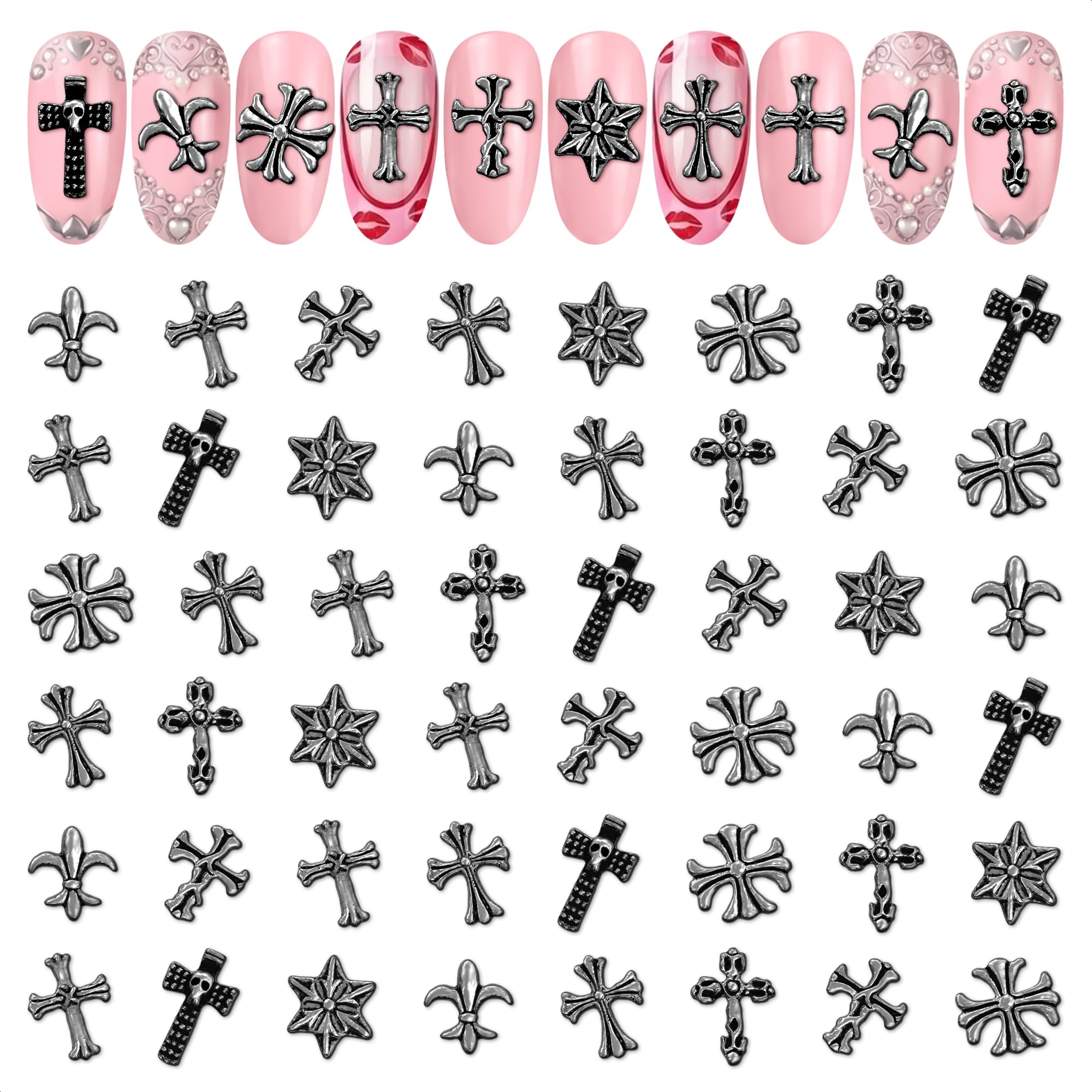 100 Pcs 3D Crosses Nail Charms Vintage Silver Chrome Metal Punk Gothic Mixed Skulls Hearts Cross Shape for Manicure DIY Craft Nail Art Decoration Accessories