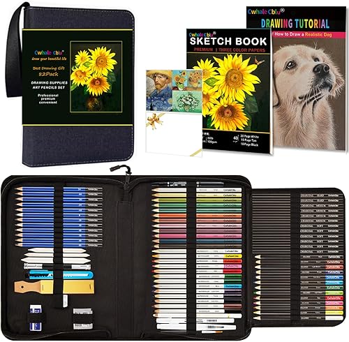 CwhaleCblu Paquete de 82 suministros de arte de dibujo, kit de bocetos con libro de bocetos de 3 colores, grafito, carbón, acuarela y lápiz