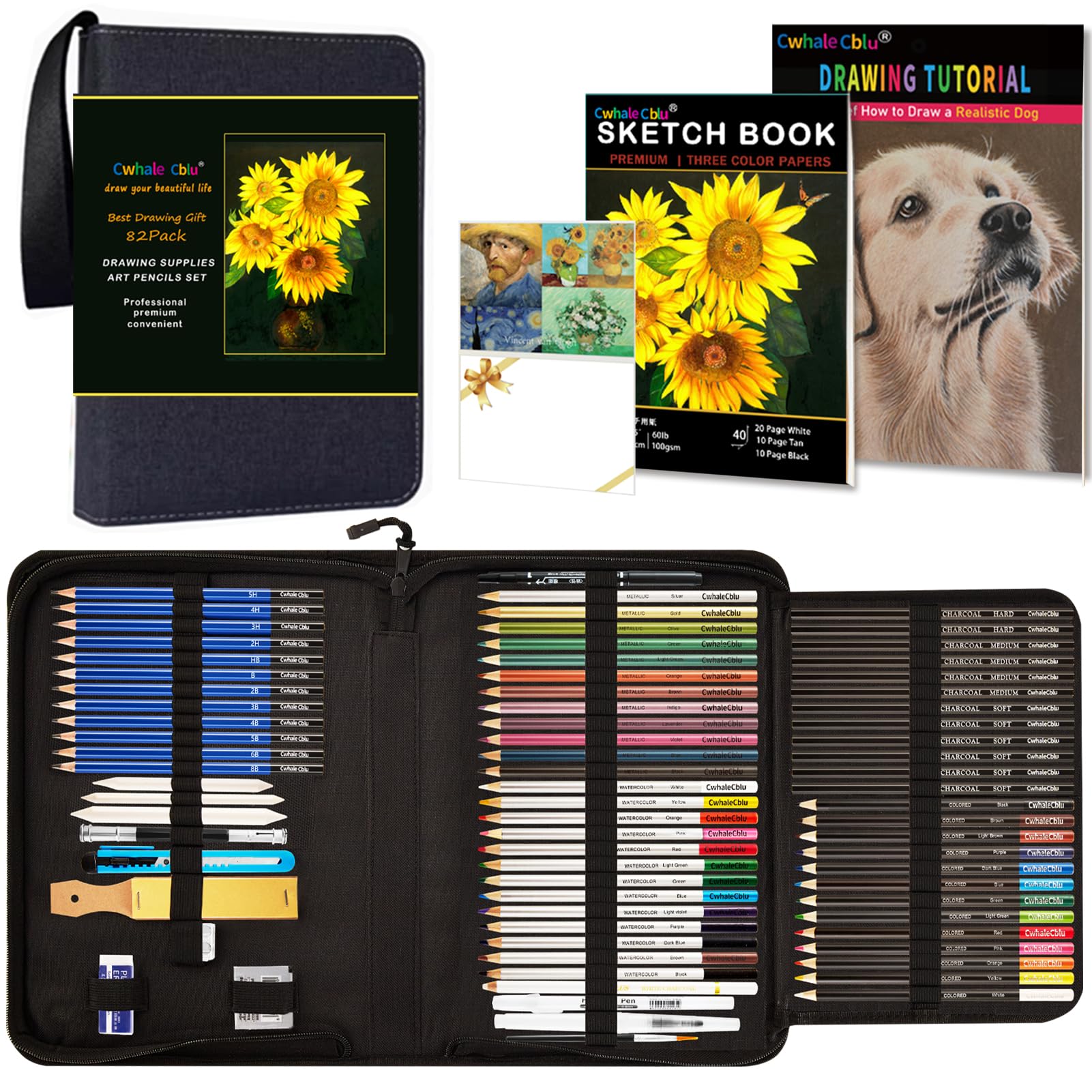82 Pack Drawing Set Art Supplies,Drawing Supplies with 3-Color Sketch Book, Tutorial, Colored, Graphite, Charcoal, Watercolor&Metallic Pencil, Art Set For Girls Boys Kids Teen ages Beginner