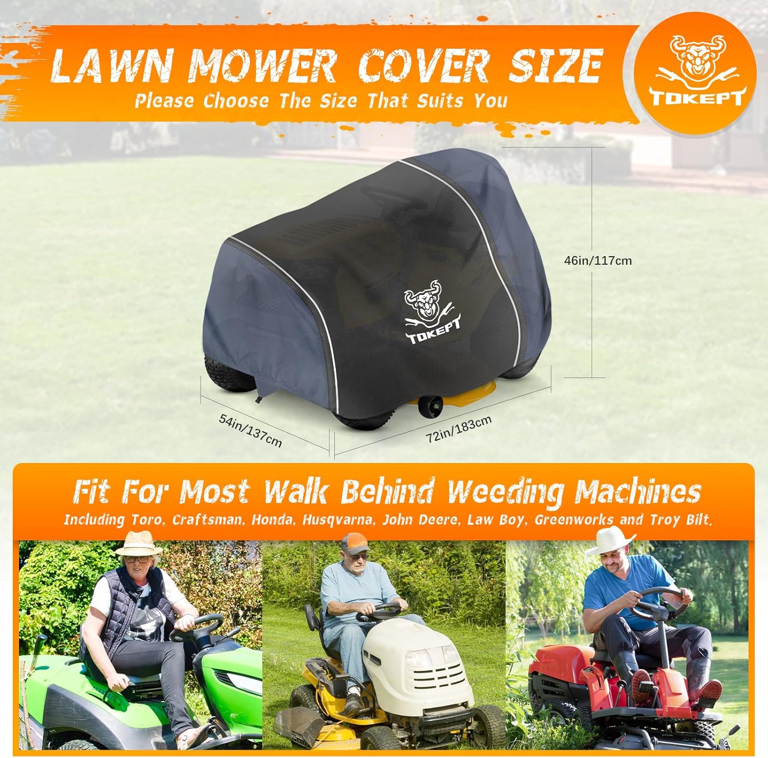Riding Lawn Mower Cover, Heavy Duty Waterproof Tractor Cover with Wind Triangle Straps Fits Decks up to 54", Universal Garden Tractor 72"L x 54"W x 46"H (Black&Grey)