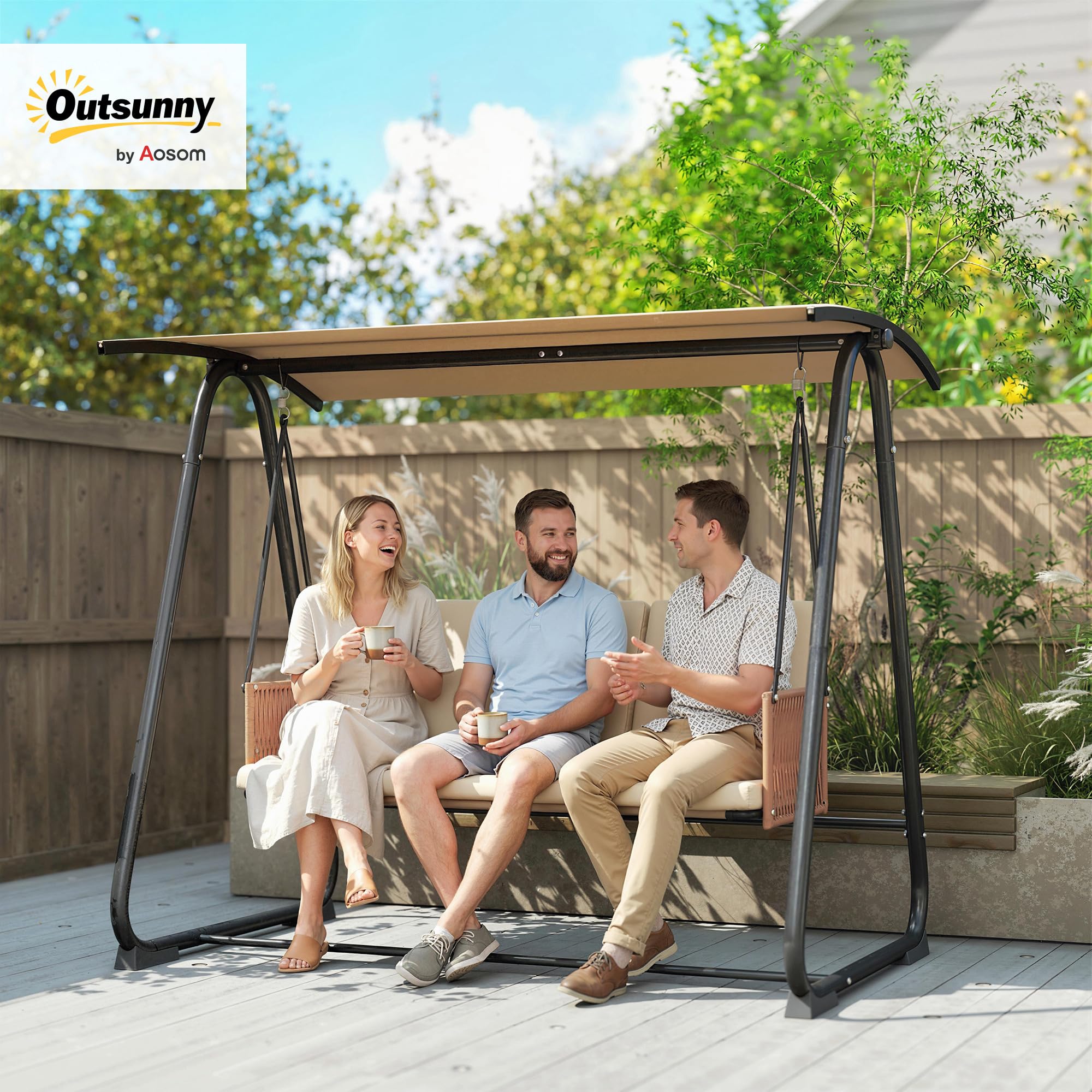 Outsunny Balancelle de Jardin 3 Places Toit Réglable UPF 30+ Acier 360kg Coussin 7cm Banc Suspendu Extérieur Terrasse Sable