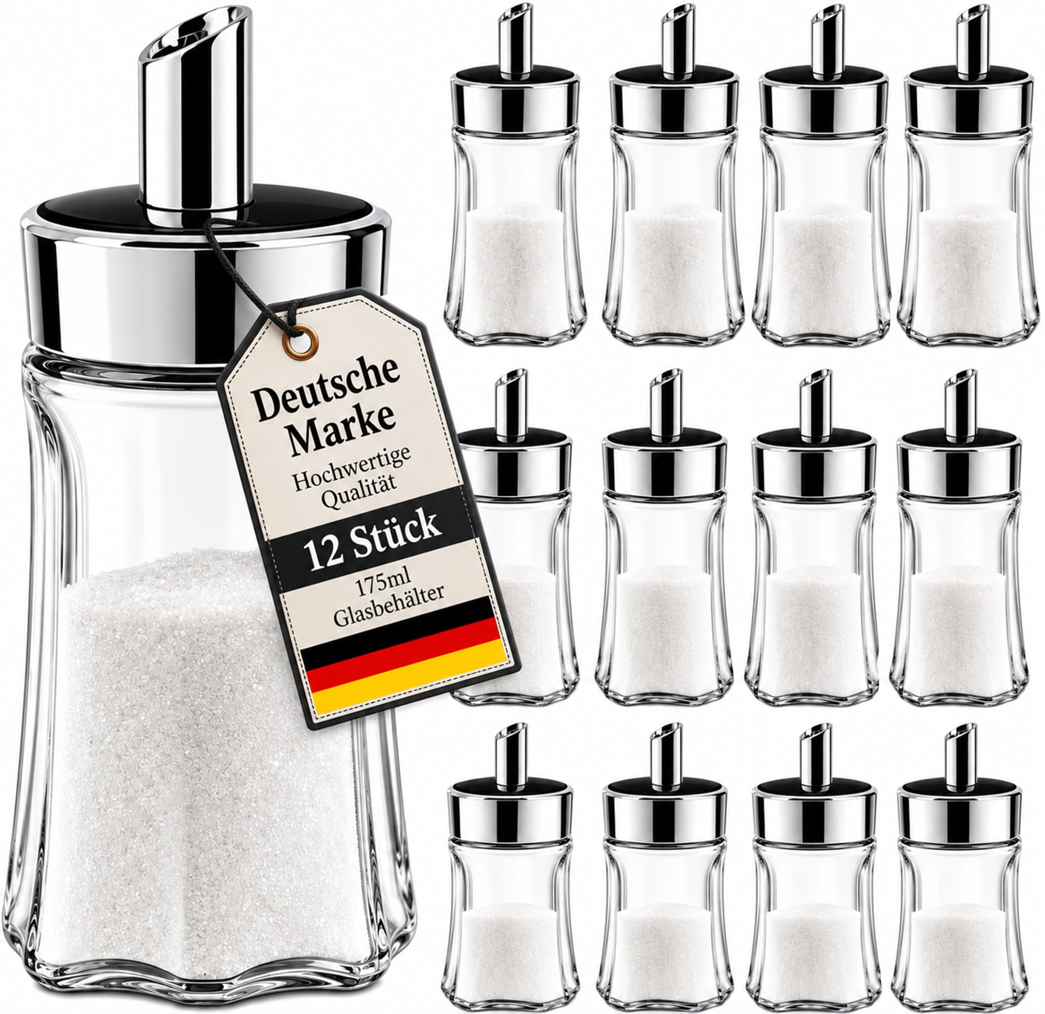 12er Set Zuckerstreuer aus Glas 175ml Fassungsvermögen Streuer Zucker Dose Zuckerspender mit Schraubdeckel, ideal für weißer/brauner Zucker - Gastronomiebedarf (12er Pack)