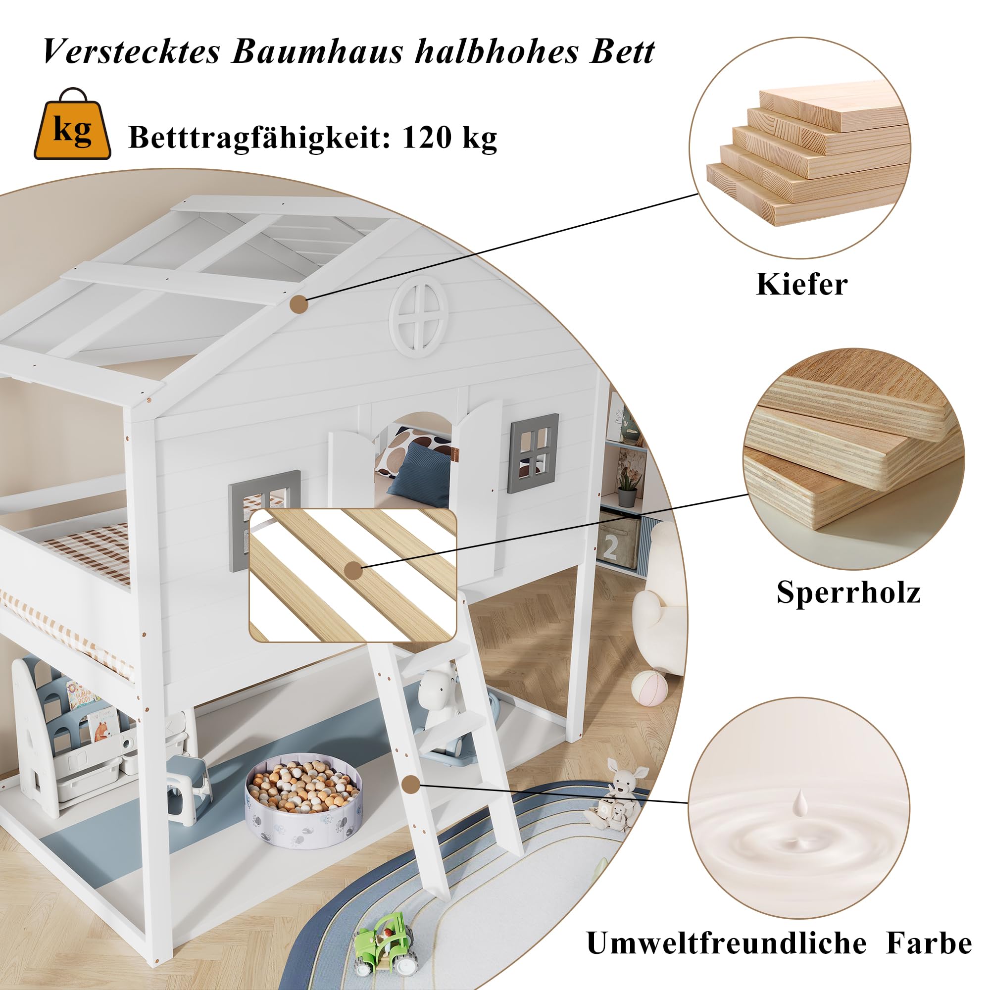 Merax Hochbett 90x200cm, Kinderbett Etagenbett mit Sicherheitsleiter, Rausfallschutz & Lattenrost, Hausbett mit Dach & Fenster, Platzsparendes Stockbett Jugendhochbett, Unterhaltungsbereich, Weiß