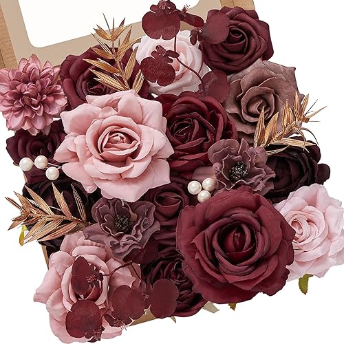 Serwalin Flores artificiales, flores de boda, flores falsas, color burdeos, centros de mesa de despedida de soltera, flores de seda, decoración del