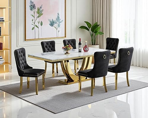 Miniatura 29 de Juego de mesa de comedor de mármol sintético, 7 piezas, juego de mesa de cocina y comedor para 6, mesa de comedor rectangular blanca de 70 pulgadas