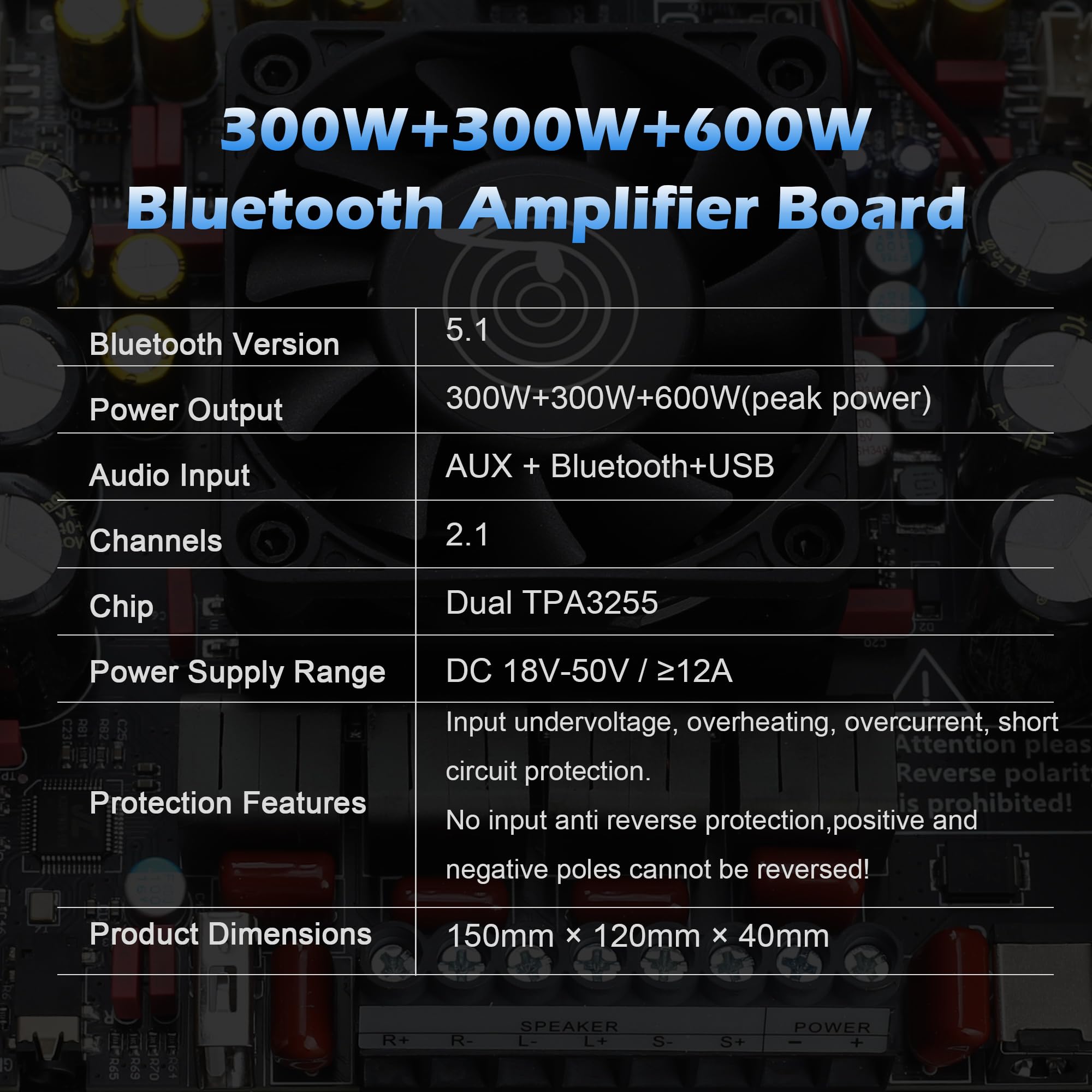 ZK-AS21P Scheda amplificatore Bluetooth - Uscita 300W+300W+600W, Ingresso ad ampia tensione CC 18-50V, amplificatore per veicoli (potenziatore esterno)