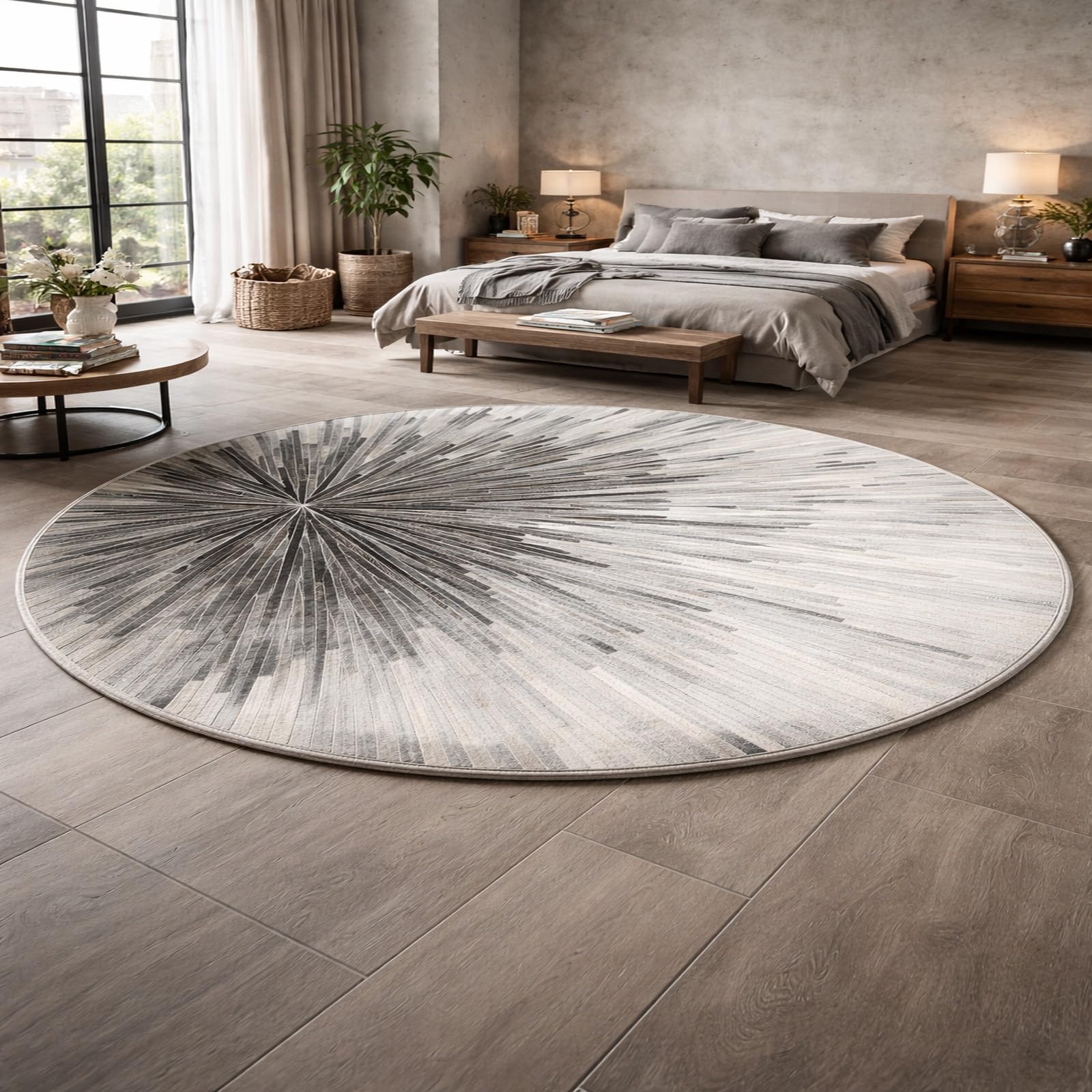 Tapis rond 130 cm moderne tapis de chambre adulte et dressing lavable gris blanc
