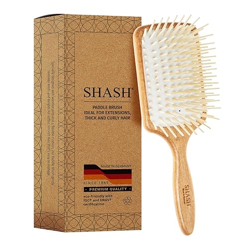 Fabricado en Alemania - Cepillo de paleta SHASH para extensiones de cabello, cabello grueso y rizado - Desenredante con pines largos y almohadilla