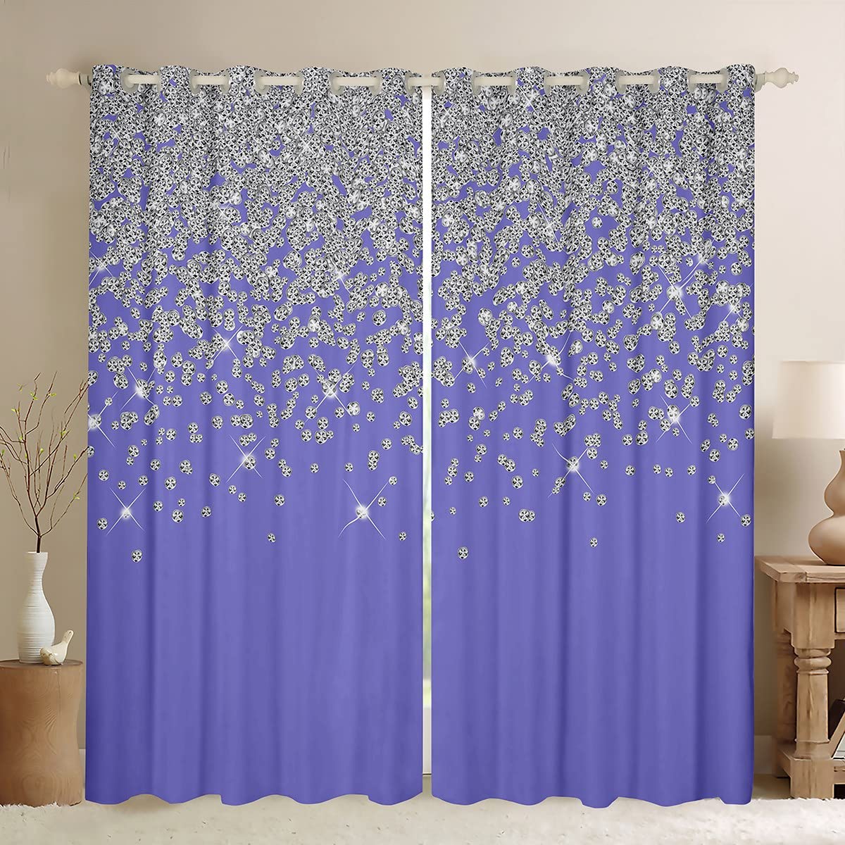 Loussiesd Silver Glitter Blackout Curtains(No Glitter) Bling Partyations Curtain Diamond Purple Darkening Window Drapes for Bedroom Bedroom Window Treatments W66*L72 — image 1